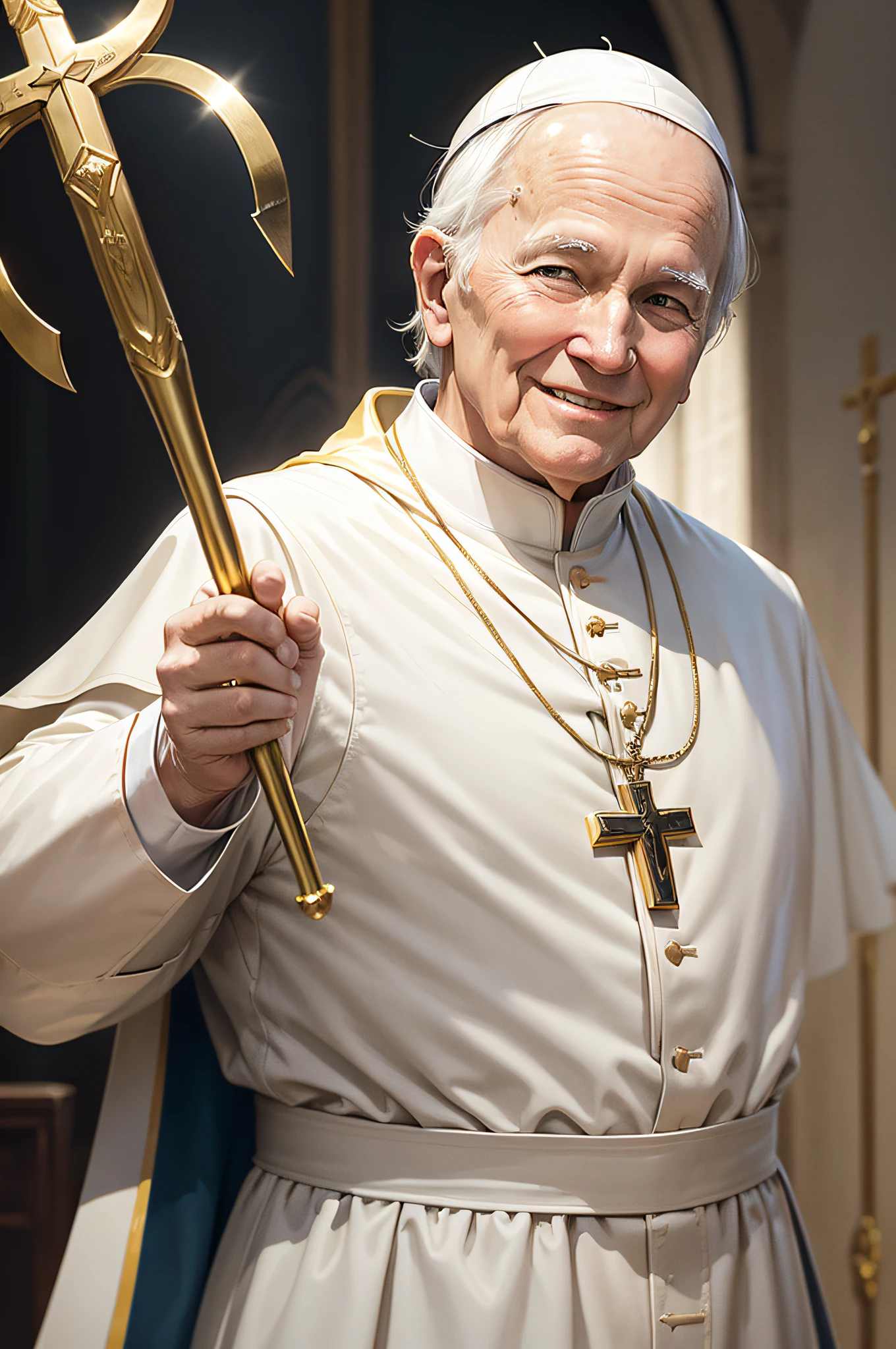 create an image of Pope John Paul II smiling with his cross-shaped scepter in his right hand and his outstretched left hand blessing the people, mostrando o papa de corpo todo em estilo cartoom.