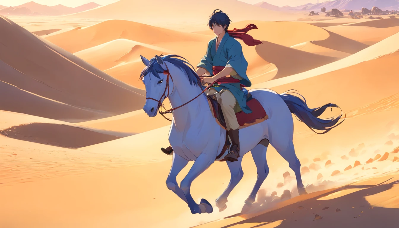 A desert，Chinese Ancient Times，Mature male，Sand，ride horse，Turn Back，k hd，quadratic element