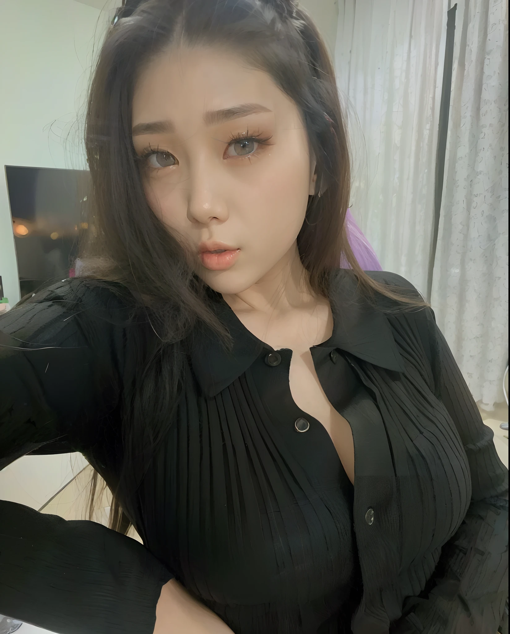 araffed asian woman in a black shirt posing for a selfie, korean girl, heonhwa choe, gorgeous young korean woman, 1 8 yo, with black, korean woman, sakimichan, beautiful south korean woman, jaeyeon nam, beautiful young korean woman, lee ji-eun, lee ji - eun, 2 7 years