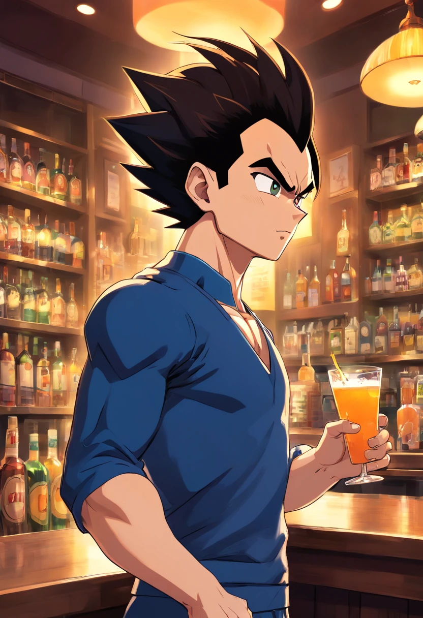 Vegeta, roupas casuais, Dragon Ball Z, anime, masculino, bebendo um drink em um bar