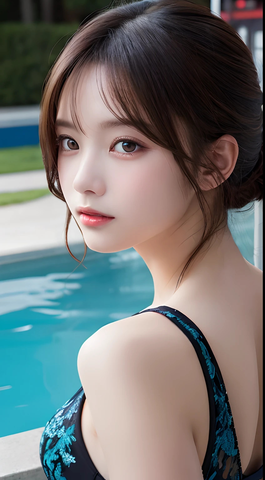 masutepiece, Best Quality, Illustration, Ultra-detailed, finely detail, hight resolution, 8K Wallpaper, Perfect dynamic composition, Beautiful detailed eyes , Pool, Sexy face