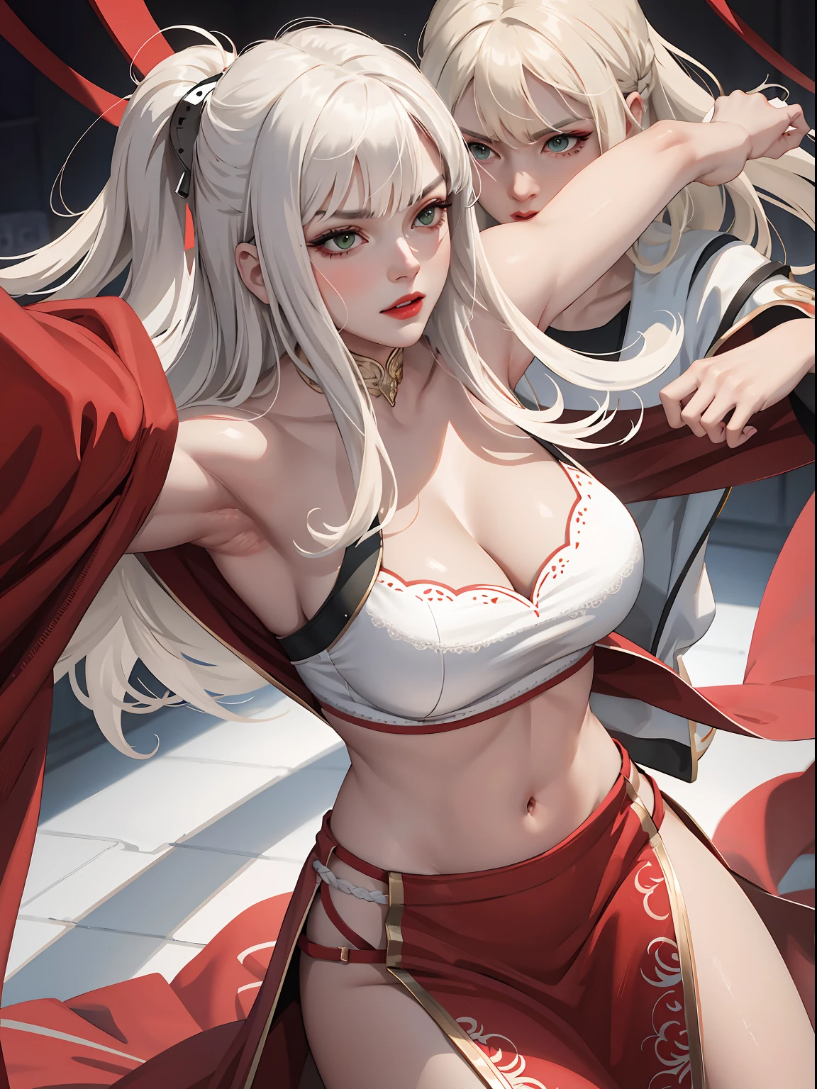 (masterpiece:1.2, best quality), (real picture, intricate details), 1lady, solo, whole body, casual, long hair, heavy makeup, white face, red lipstick, red eyeshadow, natural fabrics, close-up face, serious, warrior, female warrior, armour, really long light platinum blonde hair, bangs, platinum blonde voluminous hair, green eyes, big breasts, big tits, bangs on forehead, Korean bangs, cute bangs, mature face, 1adult, 1 female, 1 woman, fight position, fighting, fight, serious, fighting.