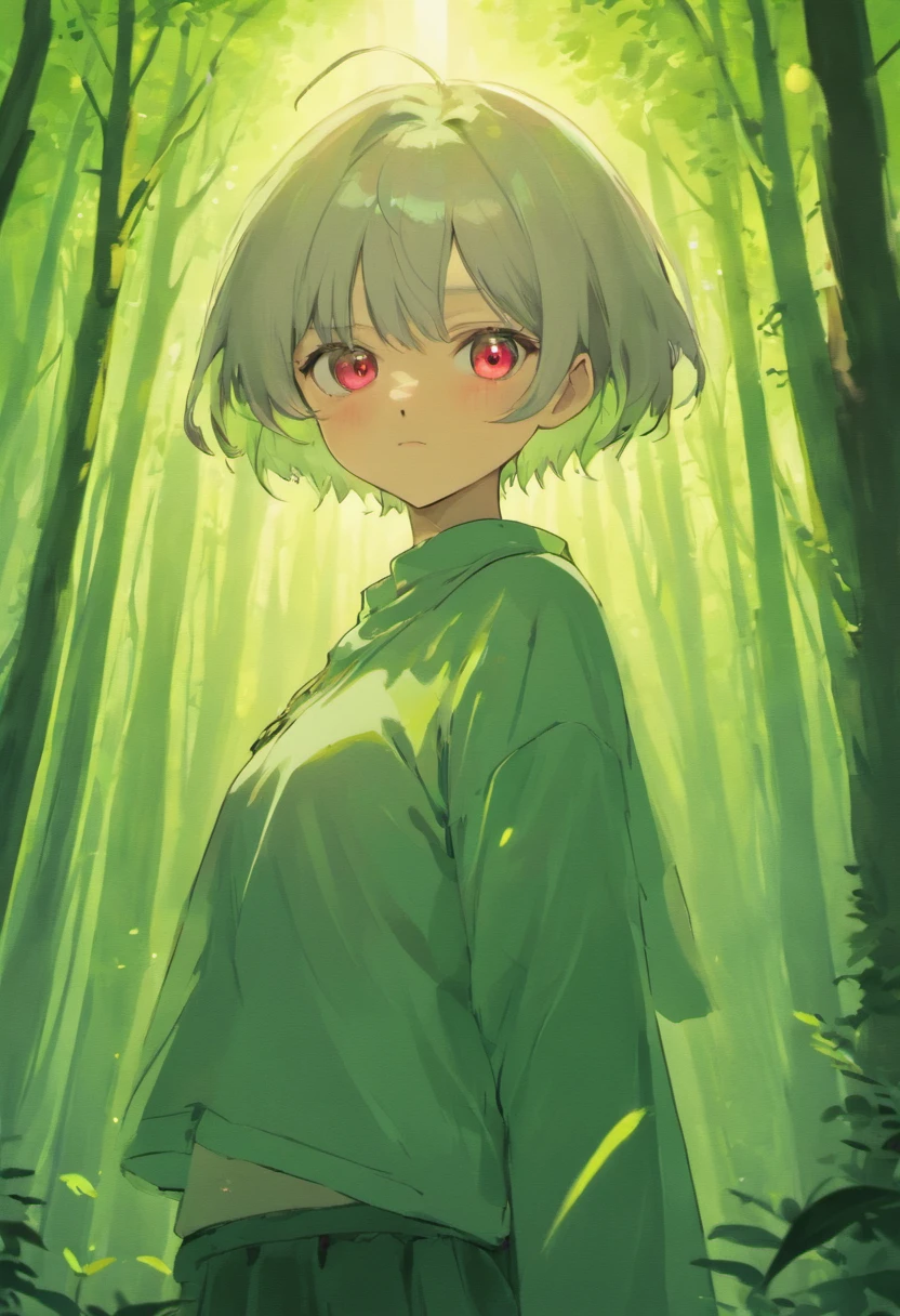 1girl, beautiful girl, short silver hair, forest setting, badass, mature, comma hair, comma hair on forehead, dark, glowing red eyes, looking at viewer, upper body, t-shirt cropped, low-rise skirt, Best quality, spectacular, bust up