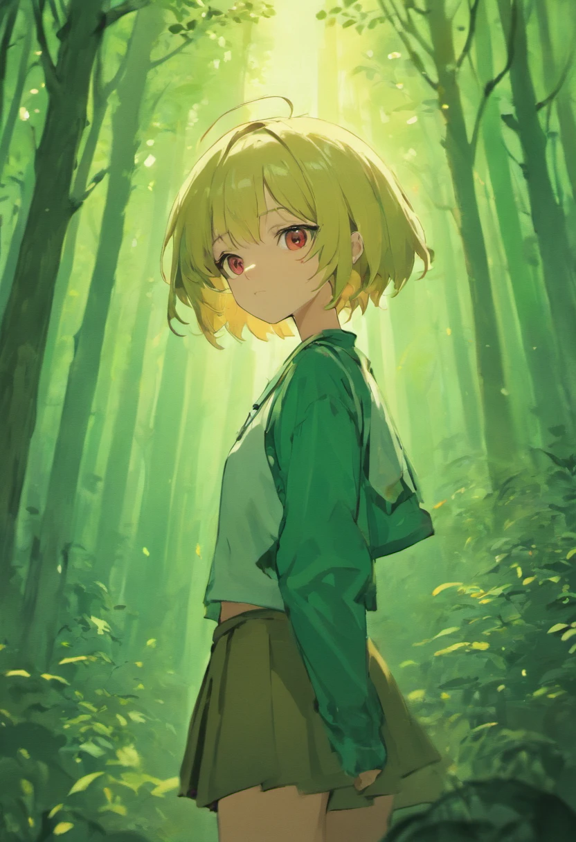 1girl, beautiful girl, short silver hair, forest setting, badass, mature, comma hair, comma hair on forehead, dark, glowing red eyes, looking at viewer, upper body, t-shirt cropped, low-rise skirt, Best quality, spectacular, bust up