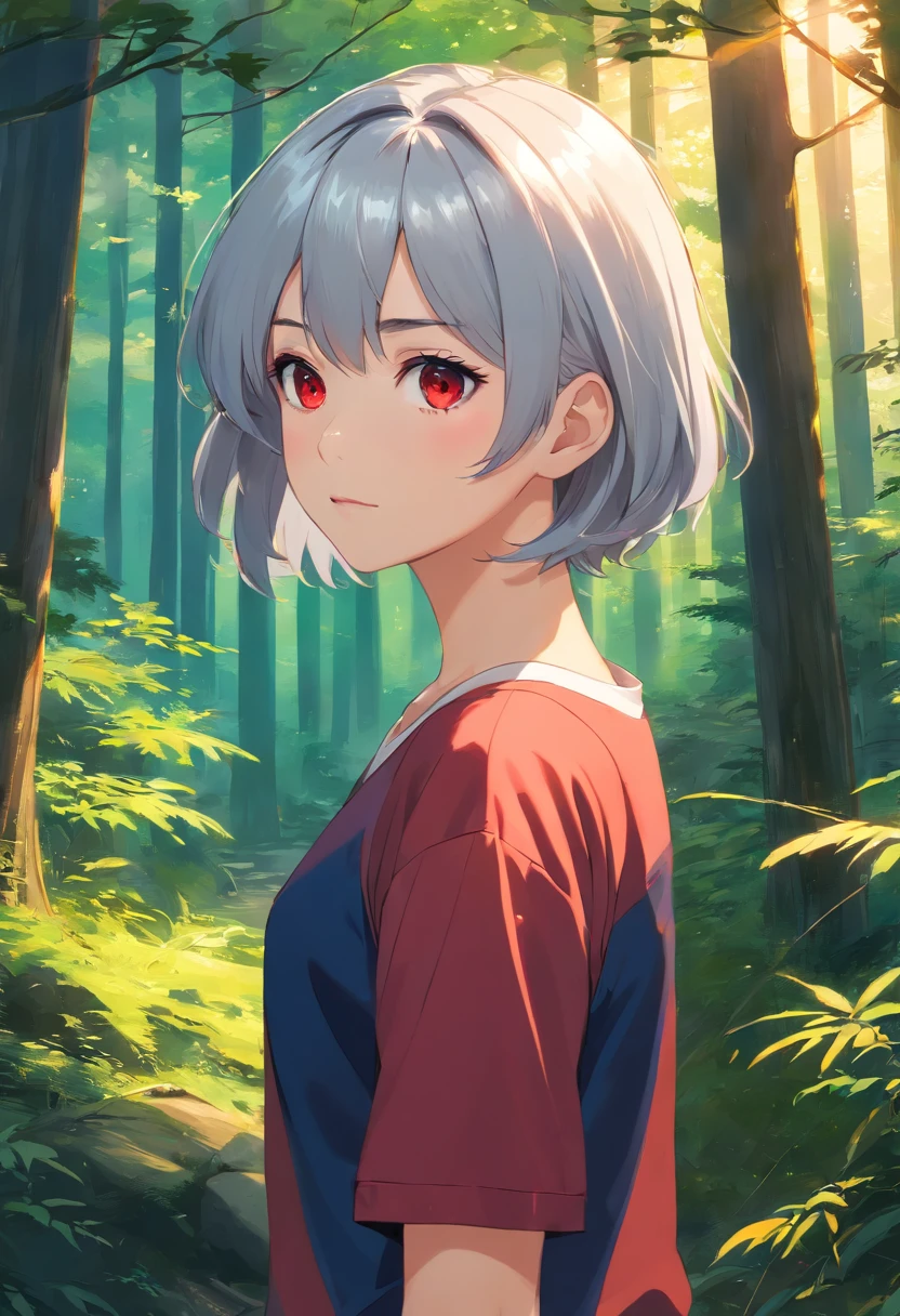 1girl, beautiful girl, short silver hair, forest setting, mature, comma hair, comma hair on forehead, dark, glowing red eyes, looking at viewer, upper body, t-shirt cropped, low-rise skirt, Best quality, spectacular, bust up