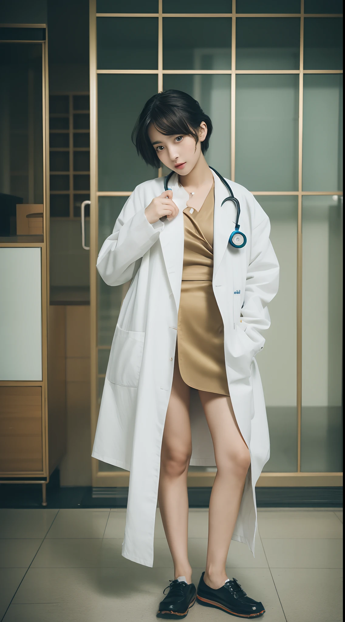 ((8k:1.27), best quality, masterpiece, golden ratio, ultra highres:1.2) Photo of cute idol girl
(beautiful:1.1) (sci-fi warrior woman:1.1), cute asian girl, 20 years old, fantasy, detailed, professionally photography, Hasselblad camera, view to camera, depth of field, max lighting, very short pixie hair, random hair color, solo girl, 1 girl, thick body, full body photography, doctor outfit, white shoes, hospital, stethoscope