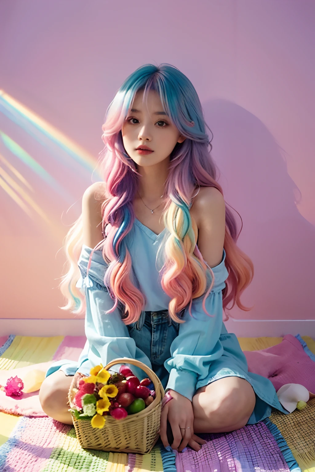 arafed woman sitting on the floor with a basket of fruit and flowers, two color hair, long hair with pastel colors, aurora colored hair, colorful pastel, lalisa manobal, hair coloring, multicolored hair, colourful long hair, two tone hair dye, colorful hair, gradient hair, pastel color, colored hair, light iridescent hair color