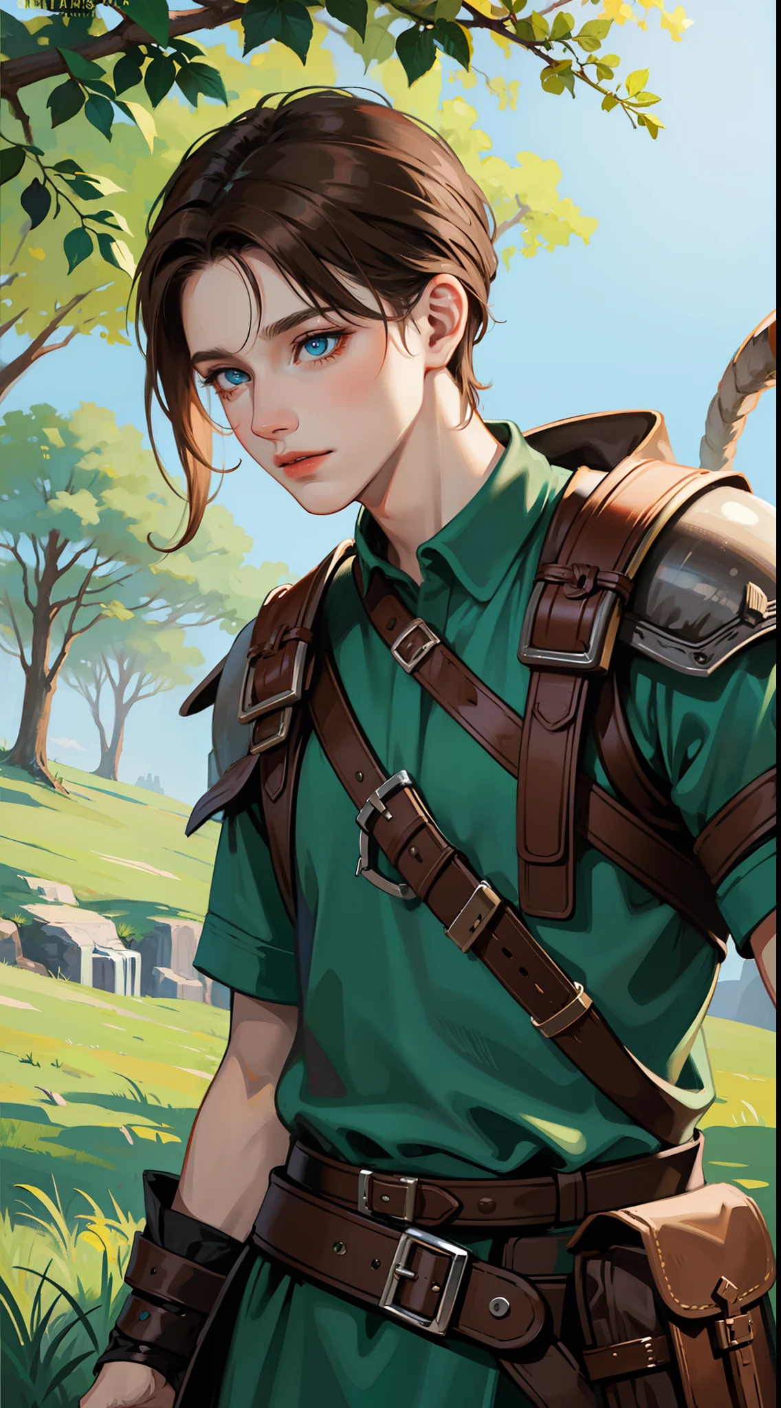 young boy, Atreus (God of War), brown hair, Cyan eyes, Hunter's clothes, Viking, Masterpiece, hiquality, high detail, HD, 4k