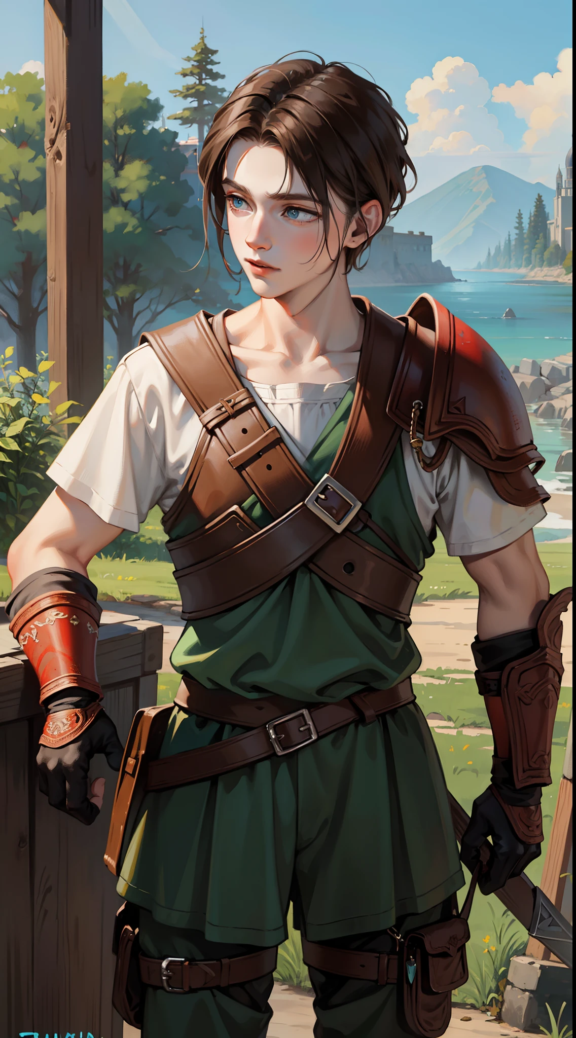 young boy, Atreus (God of War), brown hair, Cyan eyes, Hunter's clothes, Viking, Masterpiece, hiquality, high detail, HD, 4k