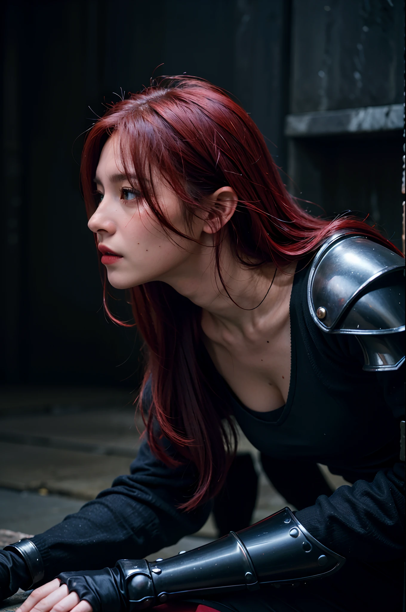(ultra-detailed,high-res,dark,fantasy:1.2),redhair,purplearmor,warriorwithasword,medievalcity,darkness,epic,beyondreality,10,epic,narrative,fiercebattlewithdemons,darkness,horror,rainfall,armorclanking
