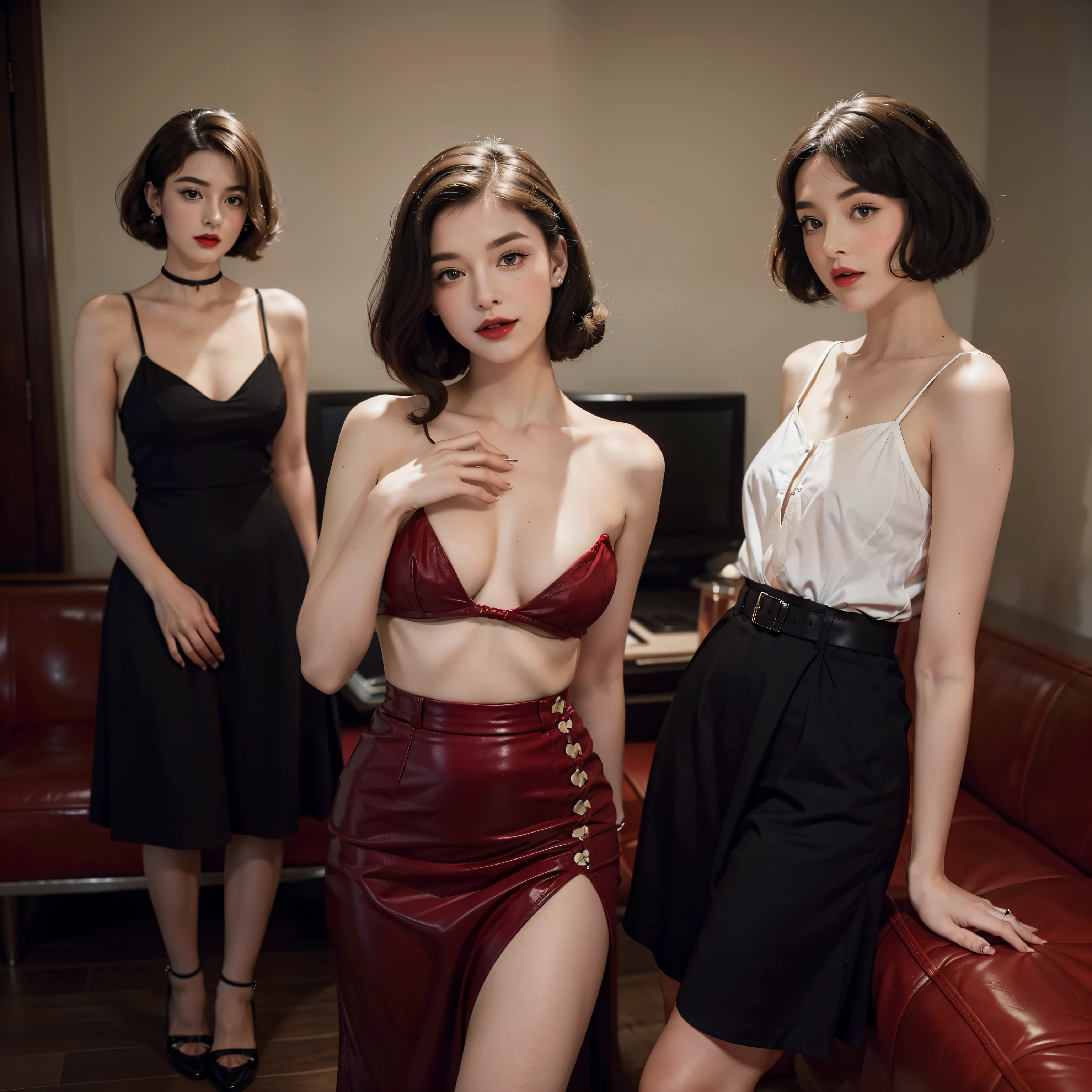 Mallory Malone's costume description is very detailed, Unique and interesting style. toppless,barechested,、A fitted black knee-length skirt with red accents creates a striking visual contrast. The addition of a black heel with ankle strap is、Adds a classy touch to the look. Apart from clothes, Vintage 1950s Bob Hairstyles、Adds a retro and timeless element to Mallory Malone's style. This type of hairstyle is、Known for its neat and short appearance, Typically、Jaw length with both ends turned inward. This hairstyle selection is、Add a vintage touch to the look、Complements Mallory's overall style. Makeup also plays an important role in the appearance of Mallory Malone. Although there are no specific details about makeup mentioned in the description, It is possible to imagine that she may be rocking a 1950s-inspired look.Happy,I see underwear,taking off shirt,Chest exposed,toppless,