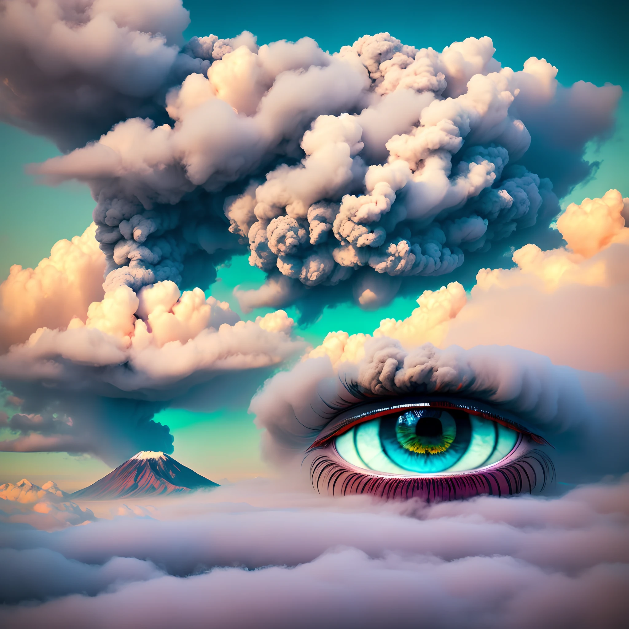 eye in the middle of a cloud of volcano smoke, Volcano erupting with eye on top, tons de azul, arte digital inspirada em Cyril Rolando, surrealismo, Portrait of a giant eye in the smoke of a volcano, mystic eye, nuvem de fumo com um olho, surrealismo