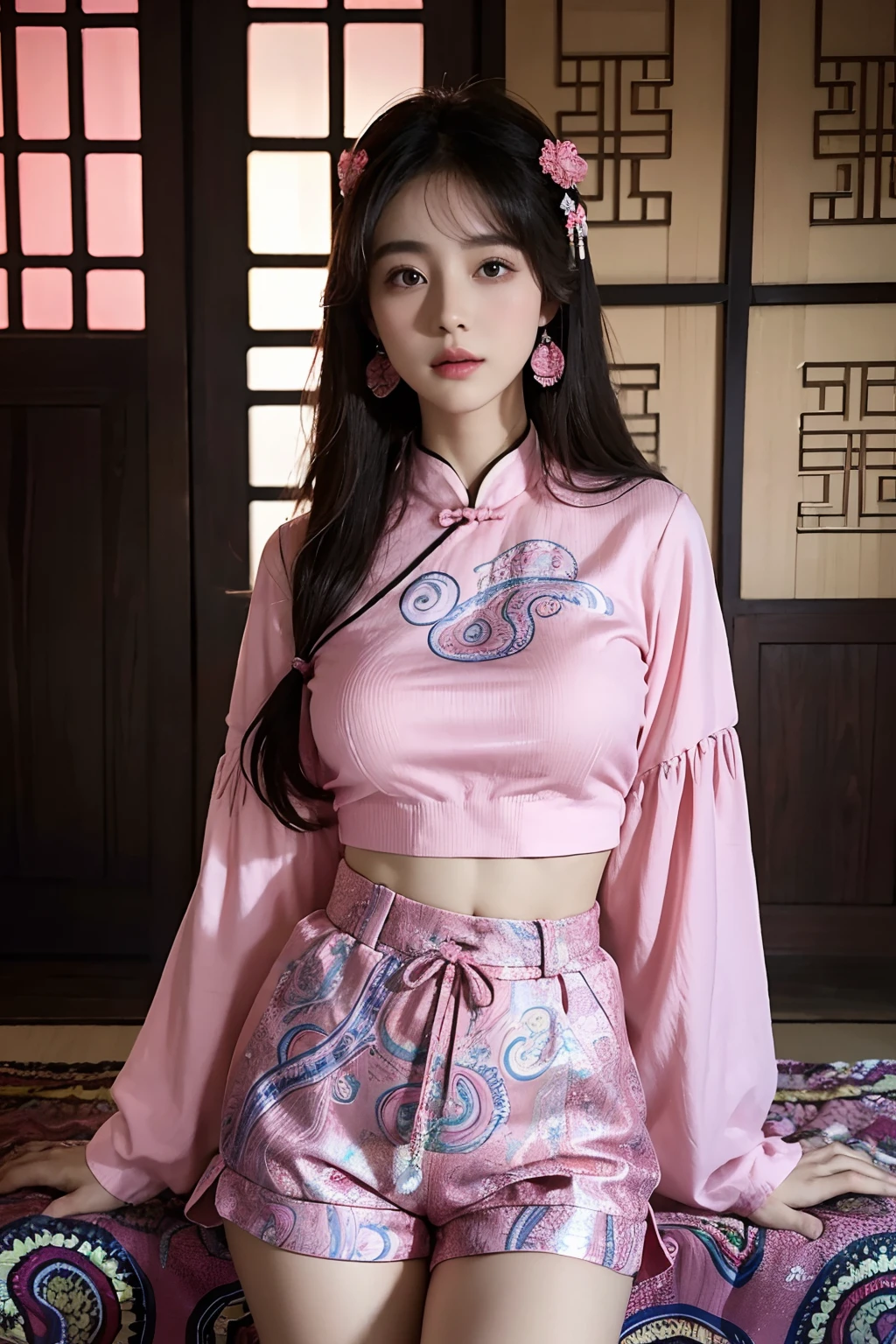 araffe woman in a pink top and black shorts posing for a picture, gorgeous lady, 1970s hippie cloth style, traditional chinese clothing, paisley, traditional, h 576, sha xi, boho chic | | very anime!!!, japanese clothes, vibrant aesthetic, wearing beautiful clothes, dilraba dilmurat, jia, chinese style, official
