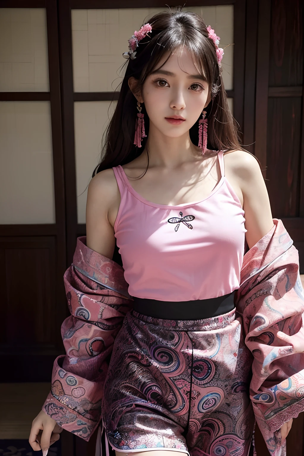 araffe woman in a pink top and black shorts posing for a picture, gorgeous lady, 1970s hippie cloth style, traditional chinese clothing, paisley, traditional, h 576, sha xi, boho chic | | very anime!!!, japanese clothes, vibrant aesthetic, wearing beautiful clothes, dilraba dilmurat, jia, chinese style, official