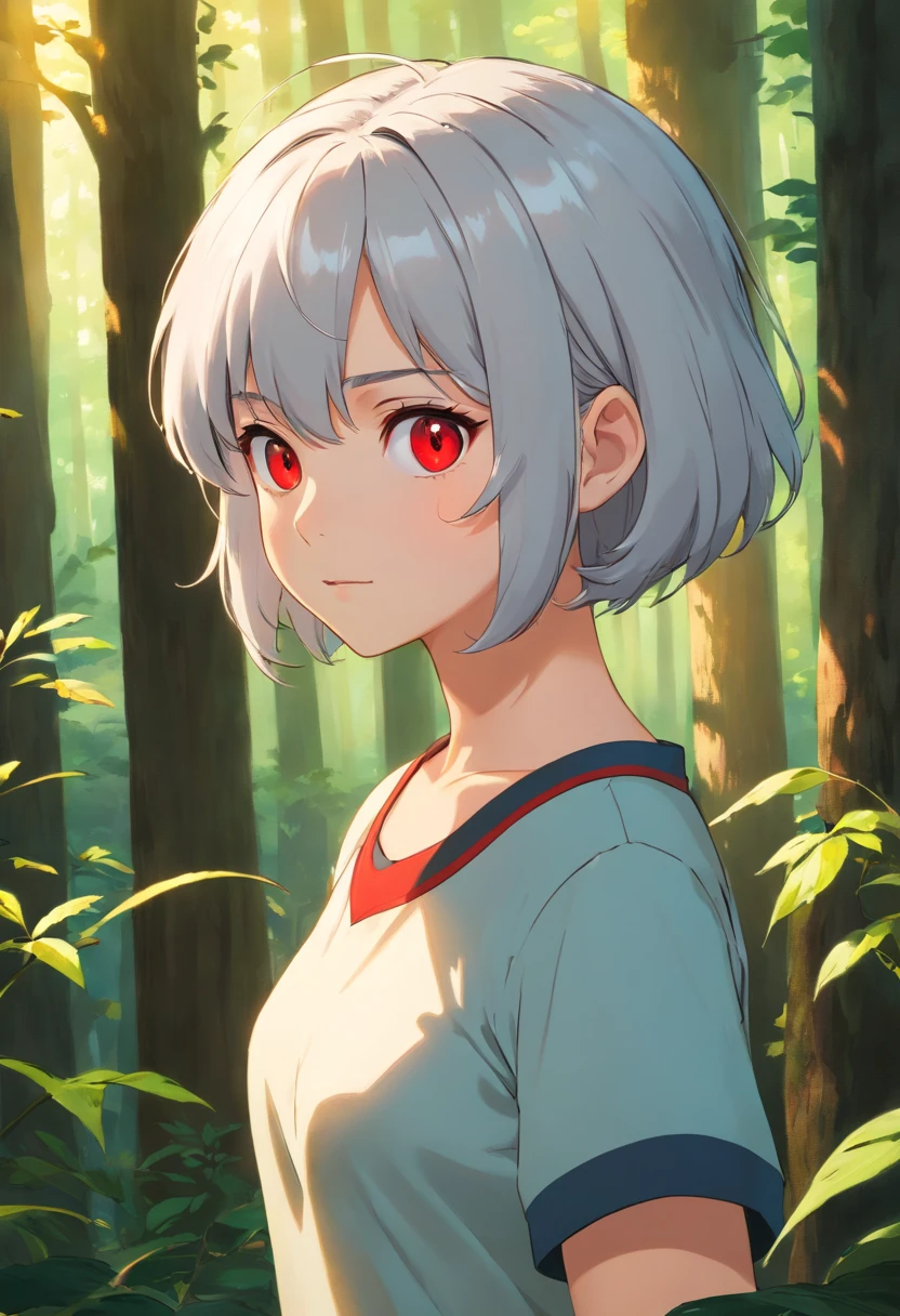1girl, beautiful girl, short silver hair, forest setting, mature, comma hair, comma hair on forehead, dark, glowing red eyes, looking at viewer, upper body, t-shirt cropped, low-rise skirt, Best quality, spectacular, bust up