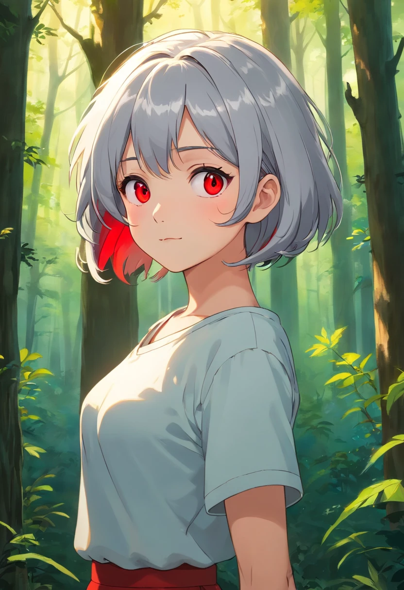 1girl, beautiful girl, short silver hair, forest setting, mature, comma hair, comma hair on forehead, dark, glowing red eyes, looking at viewer, upper body, t-shirt cropped, low-rise skirt, Best quality, spectacular, bust up