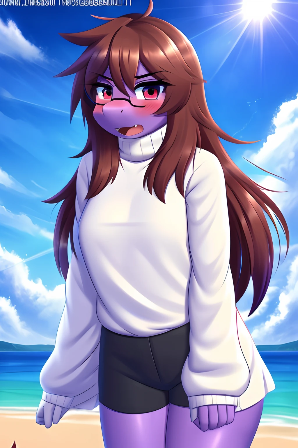 Susie from Deltarune, solo, ((professional art made by twistedscarlett60)), purple body, fangs, brown hair, messy hair, blush, glasses, ((white turtleneck:1.0)), ((black shorts:0.9)), long sleeves, puffy sleeves, cloud island, angry, open mouth