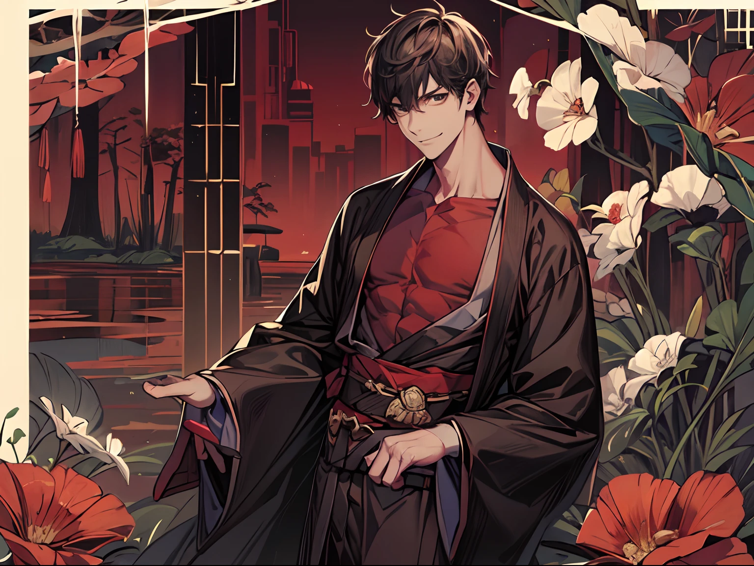 (absurdos, high resolusion, Sobredetalización), 1 hombre, Hermoso hizo, hombre alto y musculoso, pelo muy corto, Saludar con una sonrisa、Ryokan、usar kimonos