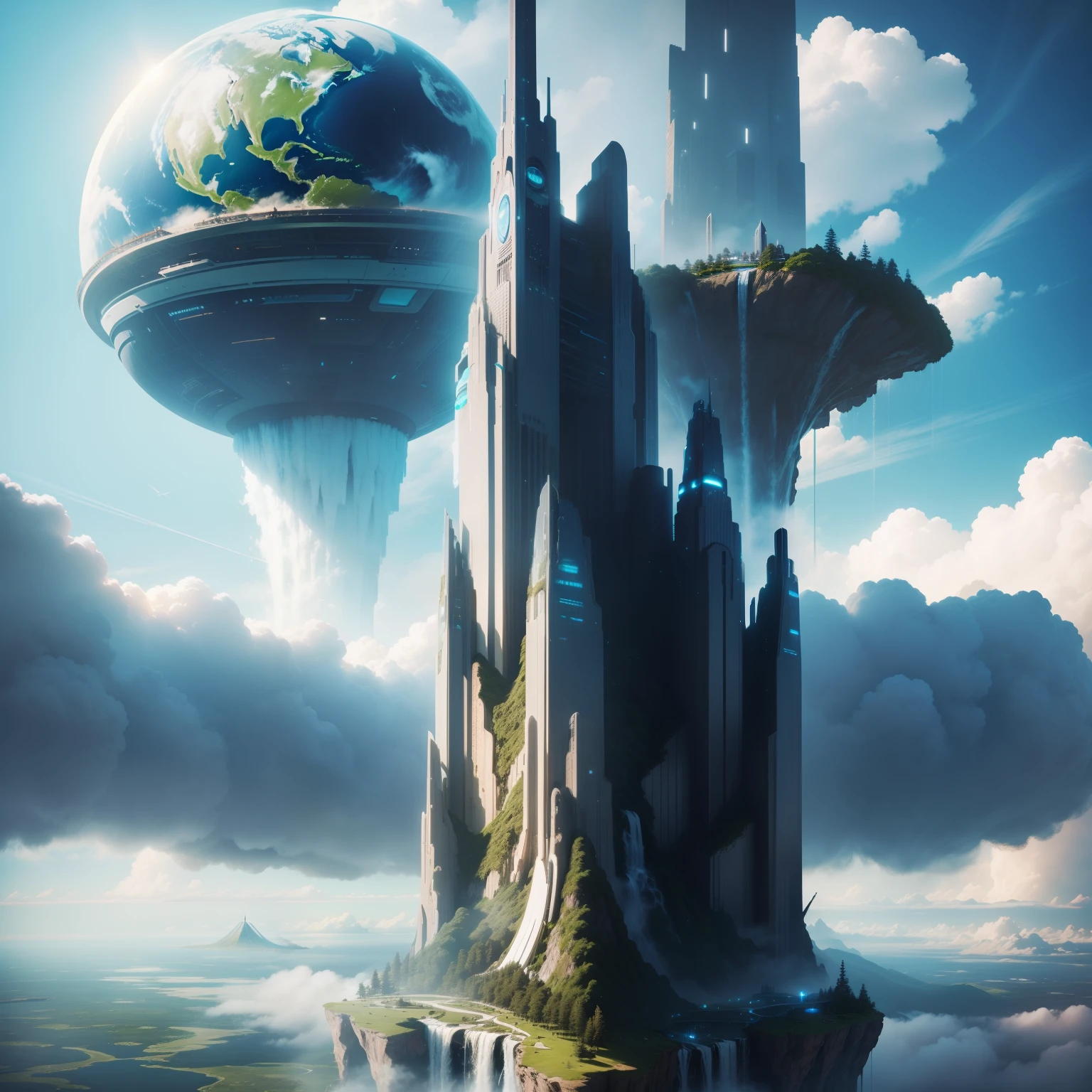 A futuristic city towering above the clouds、great outdoors,epcot,超A high resolution,masterpiece,dream,Super huge waterfall,Fantasia,