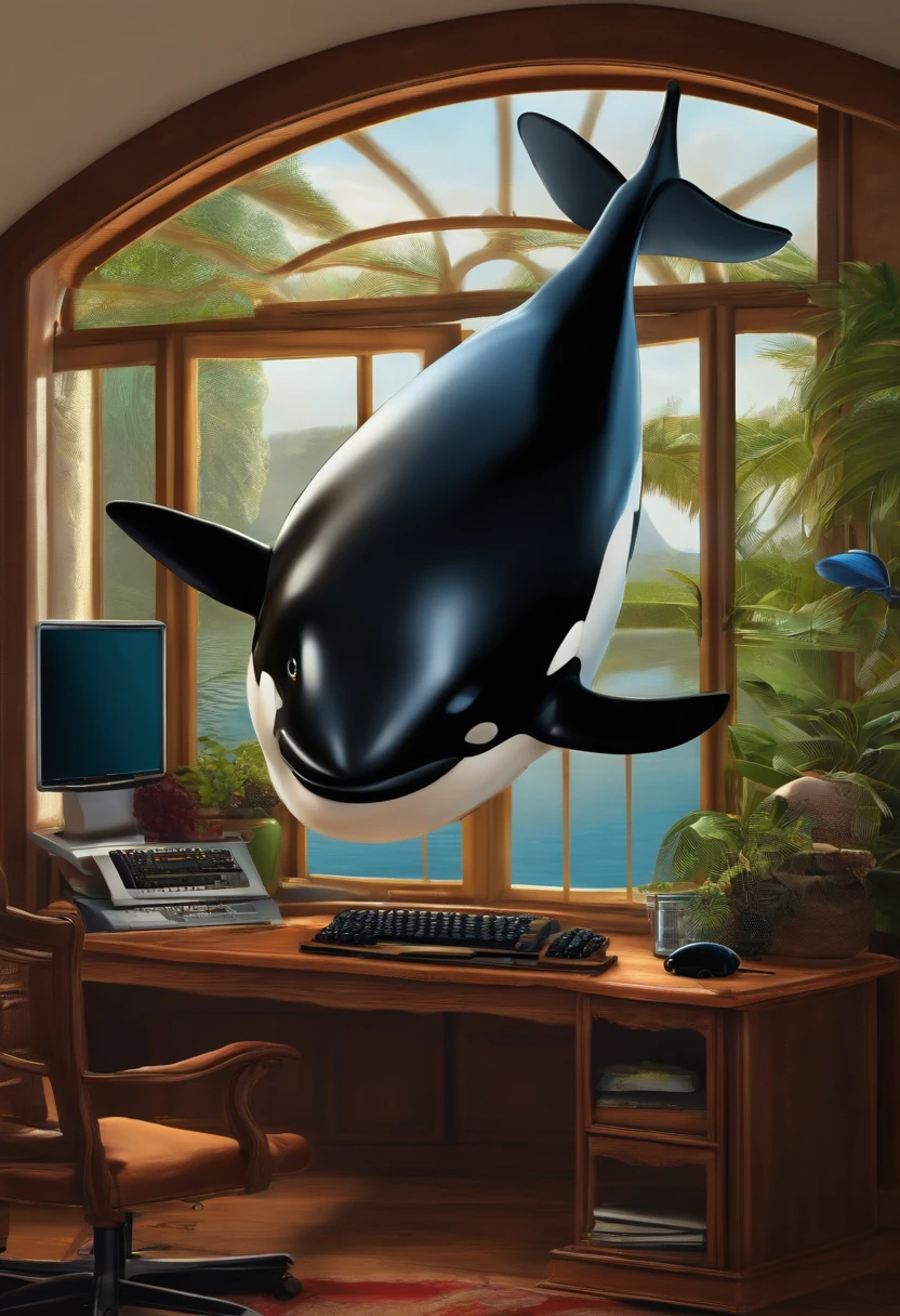 Uma orca, sentanda na cadeira em uma casa. Mexendo num computador de mesa, com sua barbatana em cima do mouse