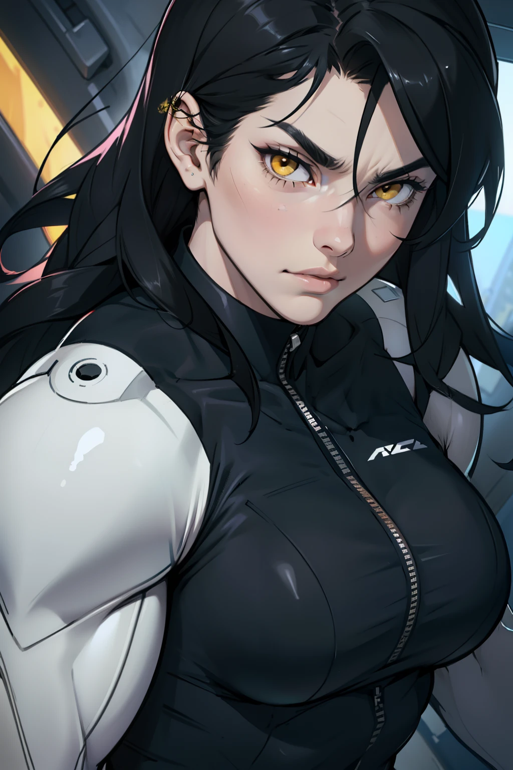 muscular girl huge breasts black hair yellow eyes pale skin