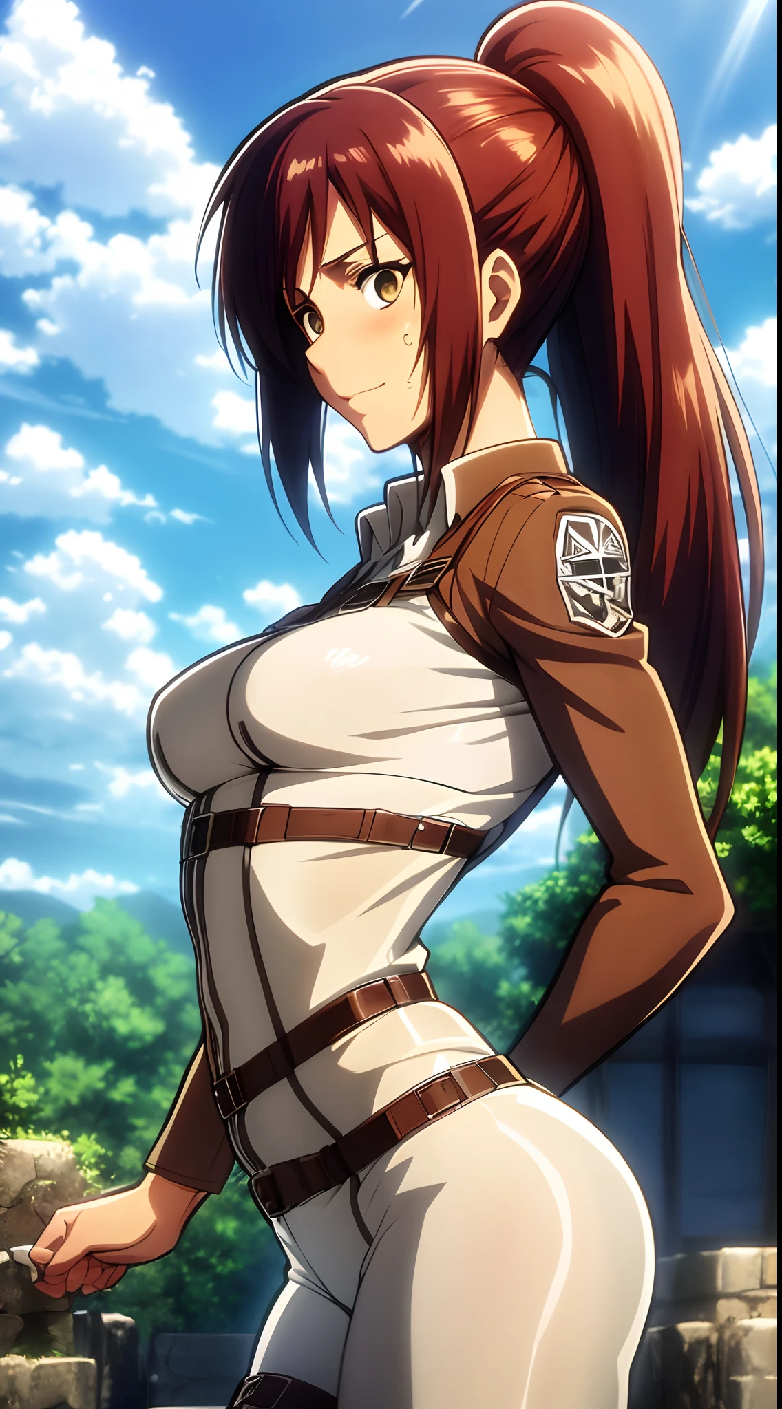 SFW, ((front view:1.5)), intense gazzing, eye contact, facing the viewer, looking at viewer, (attack on titan cosplay), shirt, yellow shirt, pants, white pants, leg straps, body straps, smirk, smirk smile, pink lips, long eyelashes, ultra detailed eyelashes, bushy eyelashes, tied hair, strong collors, on a medieval city, adult body, adult face, sasha_braus, long hair, reddish brown hair, (light brown eyes), ponytail, long hair, harness, (((solo))), (((1girl))), slim figure, medium breasts, soft skin, horny, masterpiece, best quality, high definition, harness, ((masterpiece)), best quality, fair skin, notably long eyelashes, cute face, blushing, (realistic eyes), perfect face, high quality face, mature face, tall girl, perfect shadows, perfect light, ((small breasts))