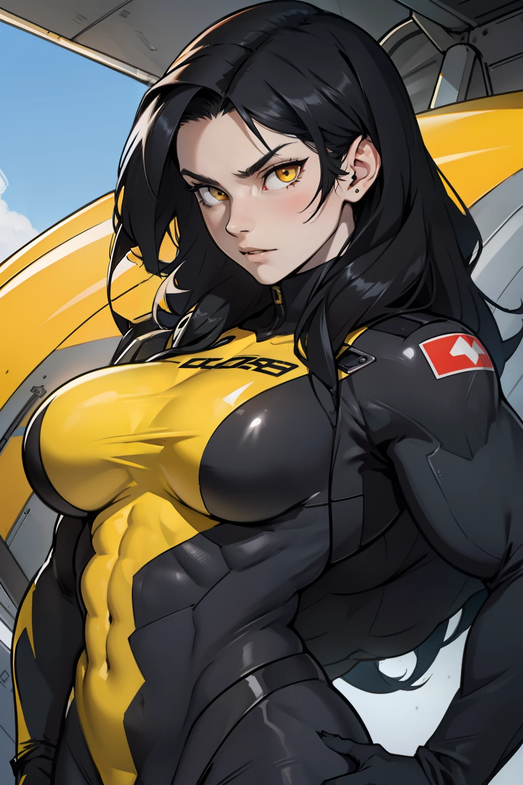 1 girl, black hair, yellow eyes, very long hair, pale skin, ((((extremely muscular)))), large breasts, (confident expression), pilot suit, (close up)