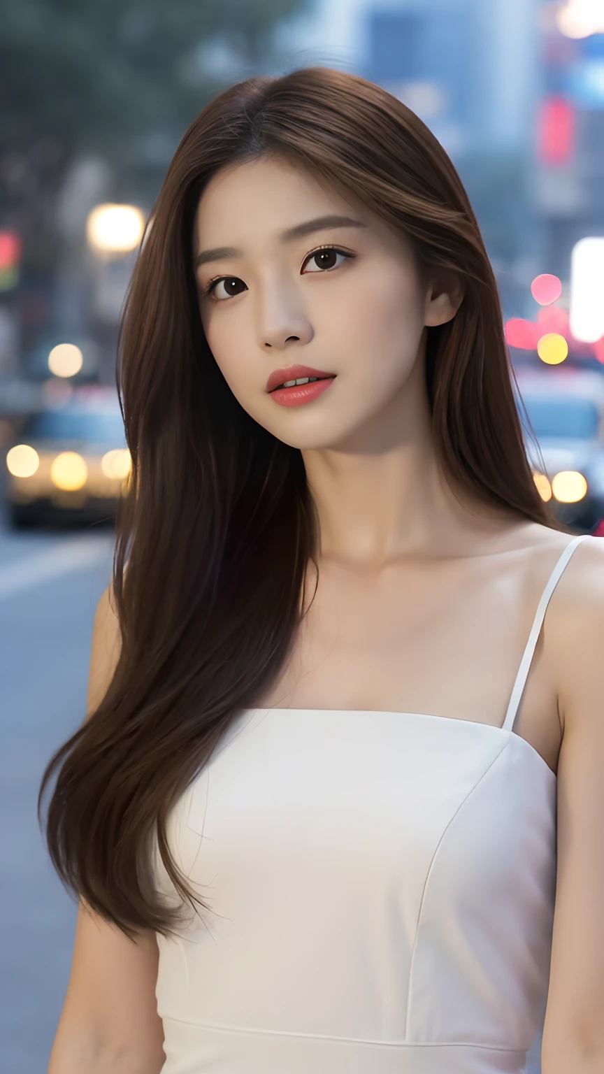 ((Realistic lighting, Best quality, 8K, Masterpiece: 1.3)), Focus: 1.2, 1girl, Perfect Figure: 1.4, Slim Abs: 1.1, ((Dark brown hair)), (White dress: 1.4), (Outdoor, Night: 1.1), City streets, Super fine face, Fine eyes, Double eyelids,