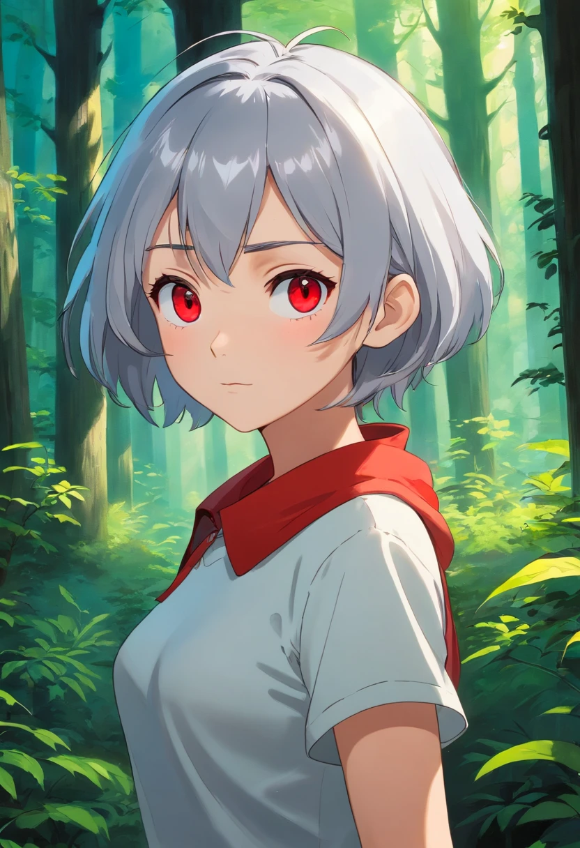 1girl, beautiful girl, short silver hair, forest setting, mature, ahoge hair, wolfcut hair, dark, glowing red eyes, looking at viewer, upper body, t-shirt cropped, low-rise skirt, Best quality, spectacular, bust up