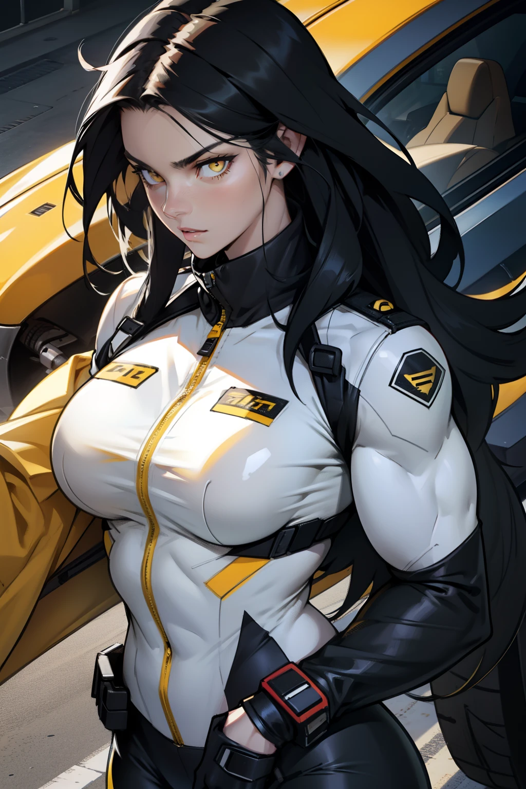 1 girl, black hair, yellow eyes, very long hair, pale skin, ((((extremely muscular)))), large breasts, (confident expression), pilot suit, close up