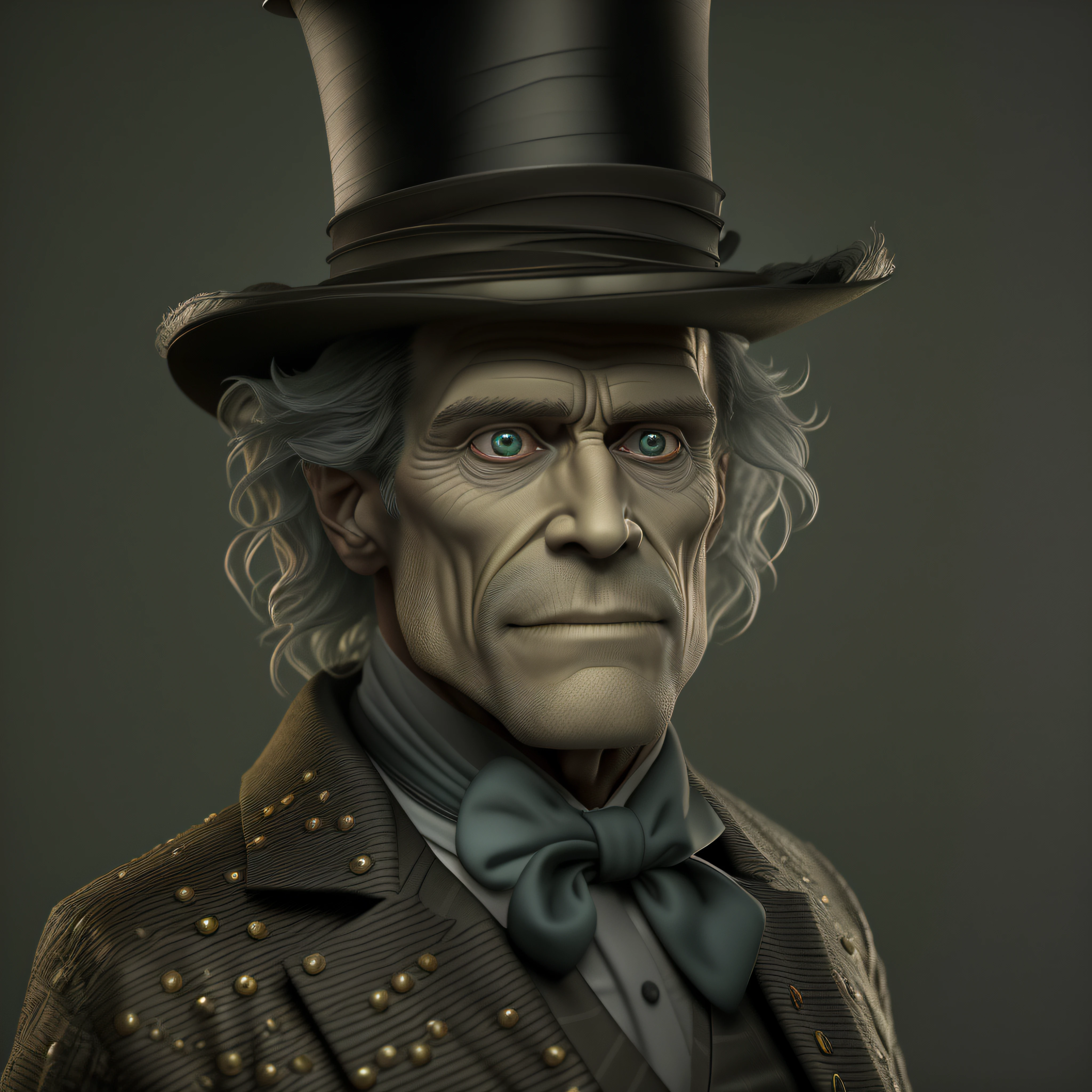 a full body image of a man wearing a top hat, willem dafoe as the Wizard of Oz, madhatter, he is about 60 years old, fantastic realism, fantasy art, trend on cgsociety, 3d, photo-realistic, octane render, unreal engine, ultra-realistic