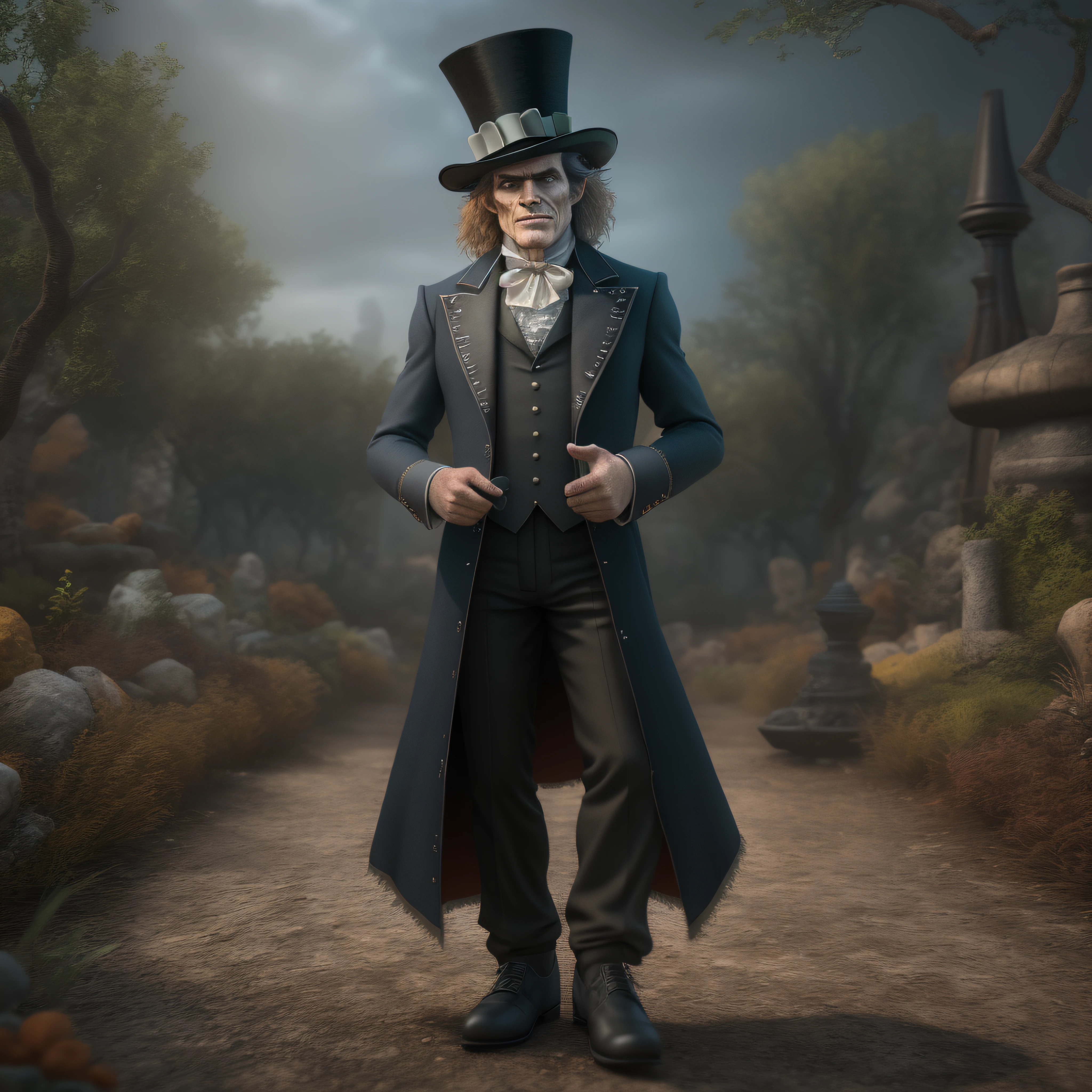 a full body image of a man wearing a top hat, willem dafoe as the Wizard of Oz, madhatter, he is about 60 years old, fantastic realism, fantasy art, trend on cgsociety, 3d, photo-realistic, octane render, unreal engine, ultra-realistic