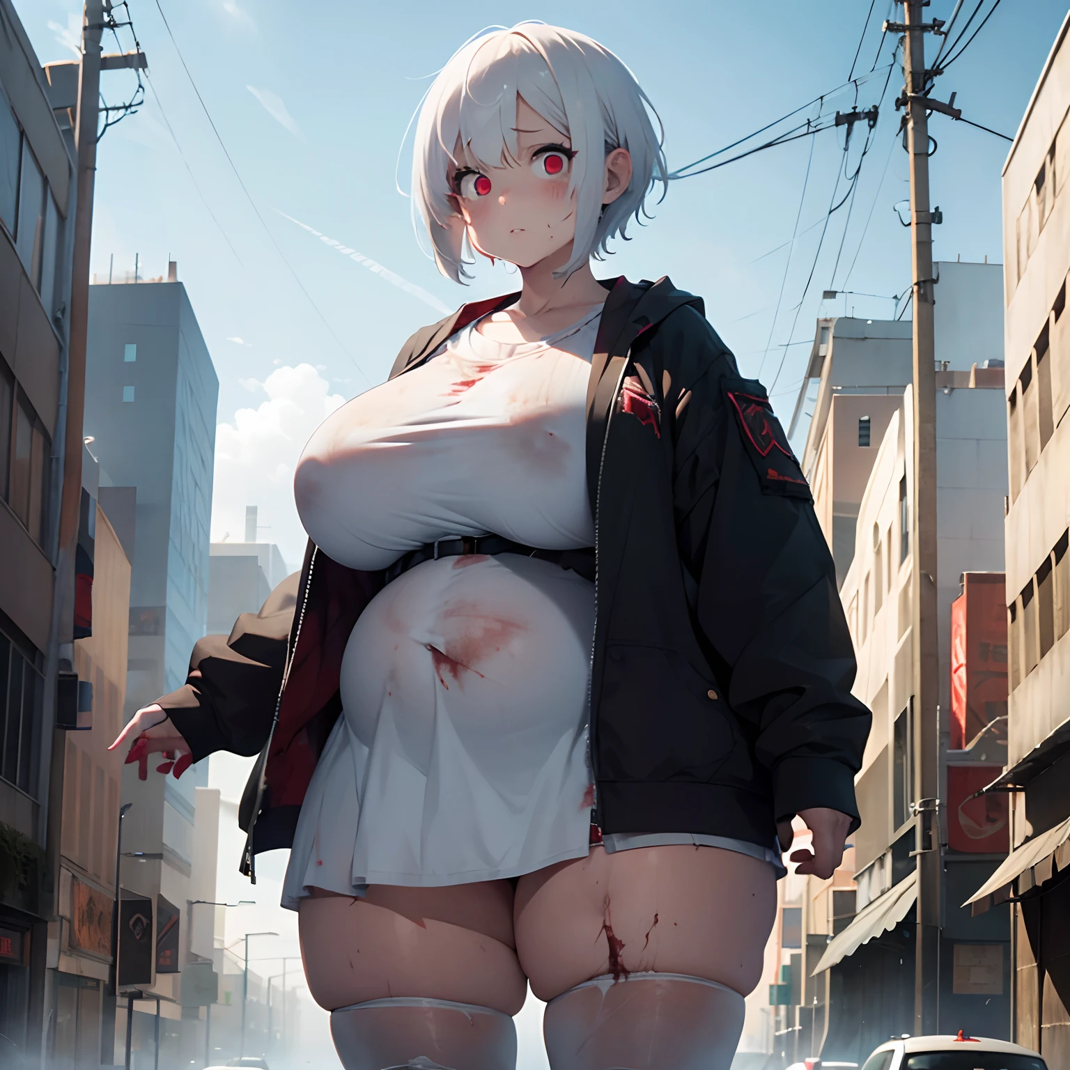 fat girl, zombie, albino, extremely short hair, white hair, red eyes, very torn clothes, wet, dirty, apocalyptic street, colossal breasts, round belly, thick legs, saggy belly, saggy breasts, long legs