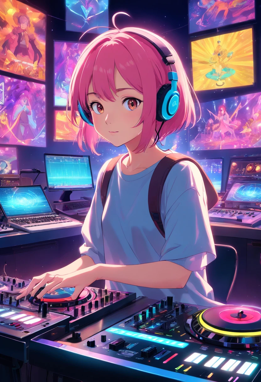 (masterpiece、top-quality、8K )、Bird View、Overhead view camera work、Anime slender with colorful hair and headphones sitting at inorganic table on laptop, creature,Lightning, Neon rays, Beauty, Futuristic modern, Rock star, lock, urgent, Perfect, epicd, Bright colors, Volume Lighting, Best Shadows, Shallow depth of field, (of the highest quality, Amazing details: 1,25), Brilliant Colorful Paintings, Fancy, Magic, flicker, Glare, Neon Garland,intricate detailes,ultra-detailliert、one girls、Grinning 、(Live Stage:1.3),(turntable、Mixing Machine、Sampling Machine、Rhythm Box、mixer,synthesizer、Monitors:1.2),Stage Live Background、Spotlight from behind、Hyper realistic,Perfect Anatomy