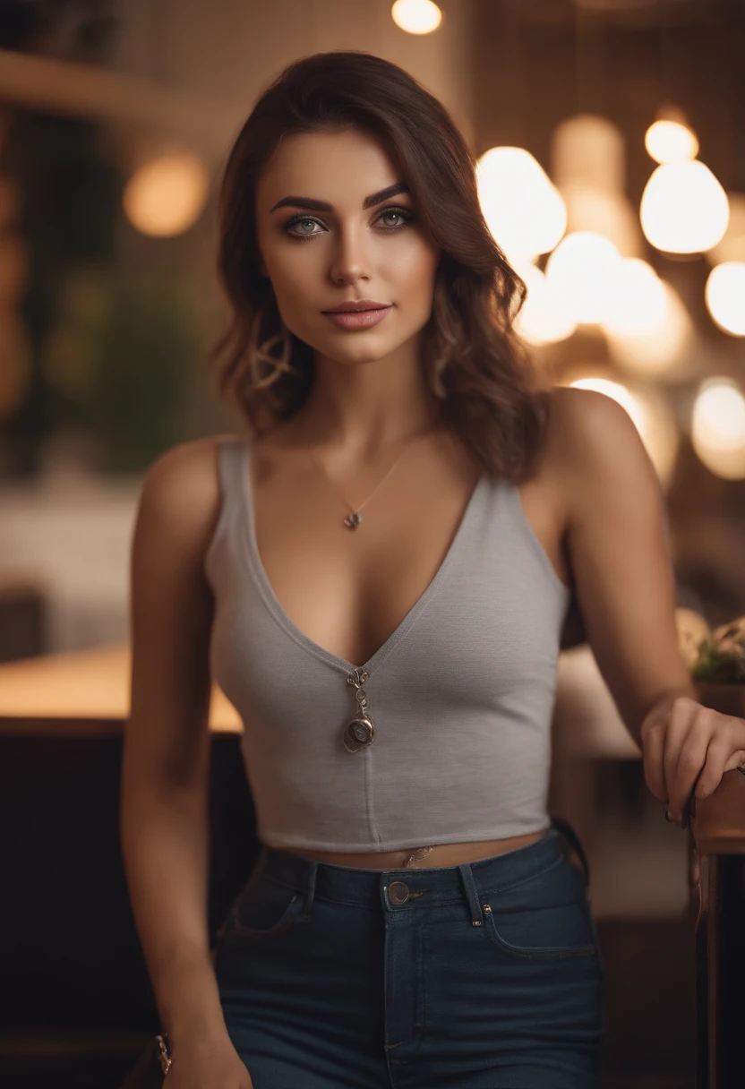 arafed woman with a white tank top and a necklace, dining at a restaurant, green eyes, portrait sophie mudd, brown hair and large eyes, super realistic, 4k, selfie of a young woman, bedroom eyes, violet myers, without makeup, natural makeup, looking directly at the camera, face with artgram, subtle makeup, stunning full body shot, piercing green eyes, beautiful angle, attractive pose, cute girl, sexy pose, full body picture, full body, full body shoot, brunette goddess, high detail, satisfied pose, wearing grey skirt and boots, skirt, boots