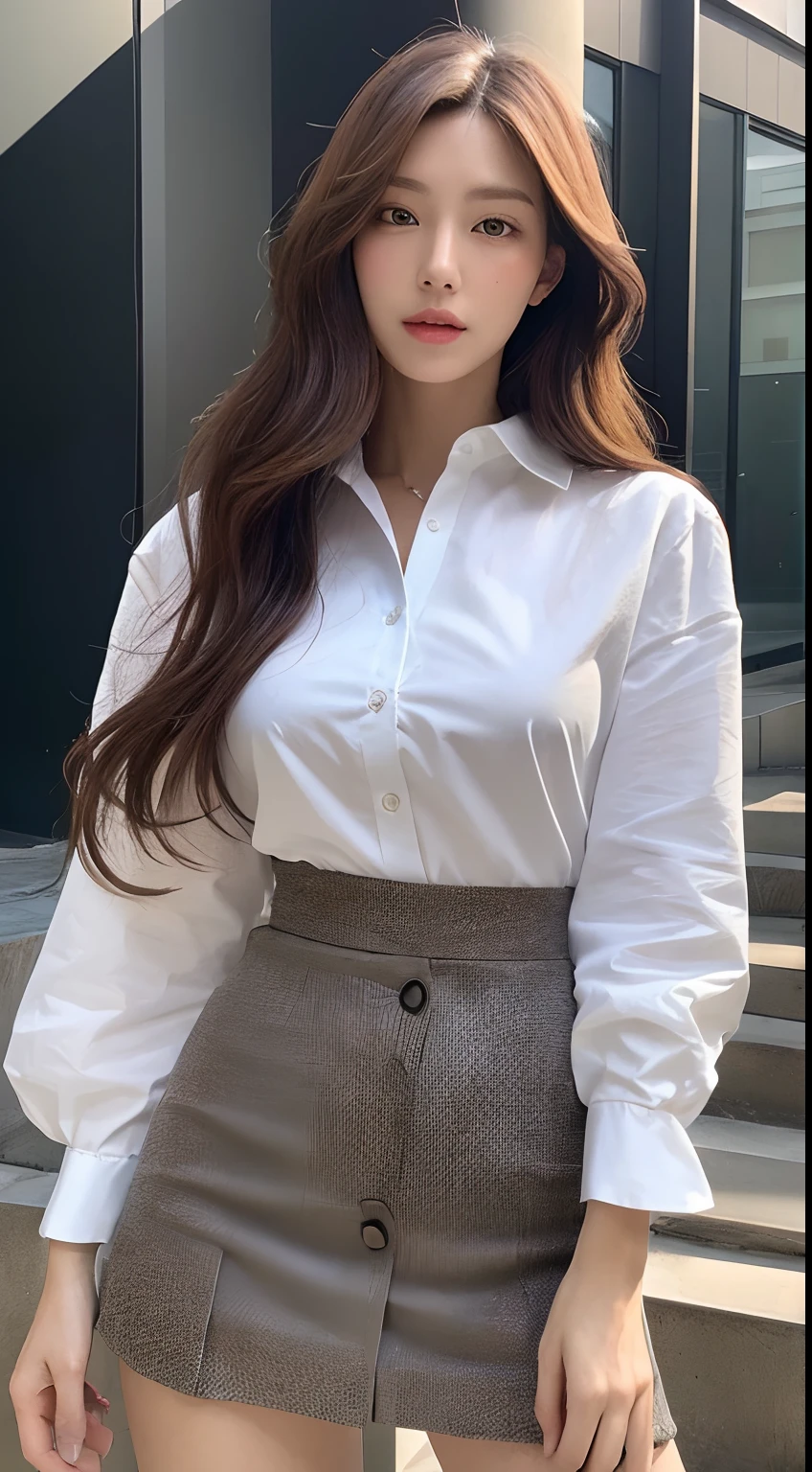 (Best quality, High resolution, Masterpiece :1.3), A tall and pretty woman, Slender abs, Dark brown hair styled in loose waves, Breasts, White button up shirt, Black pleated skirt, (Modern architecture in background), Details exquisitely rendered in the face and skin texture, Detailed eyes, Double eyelid