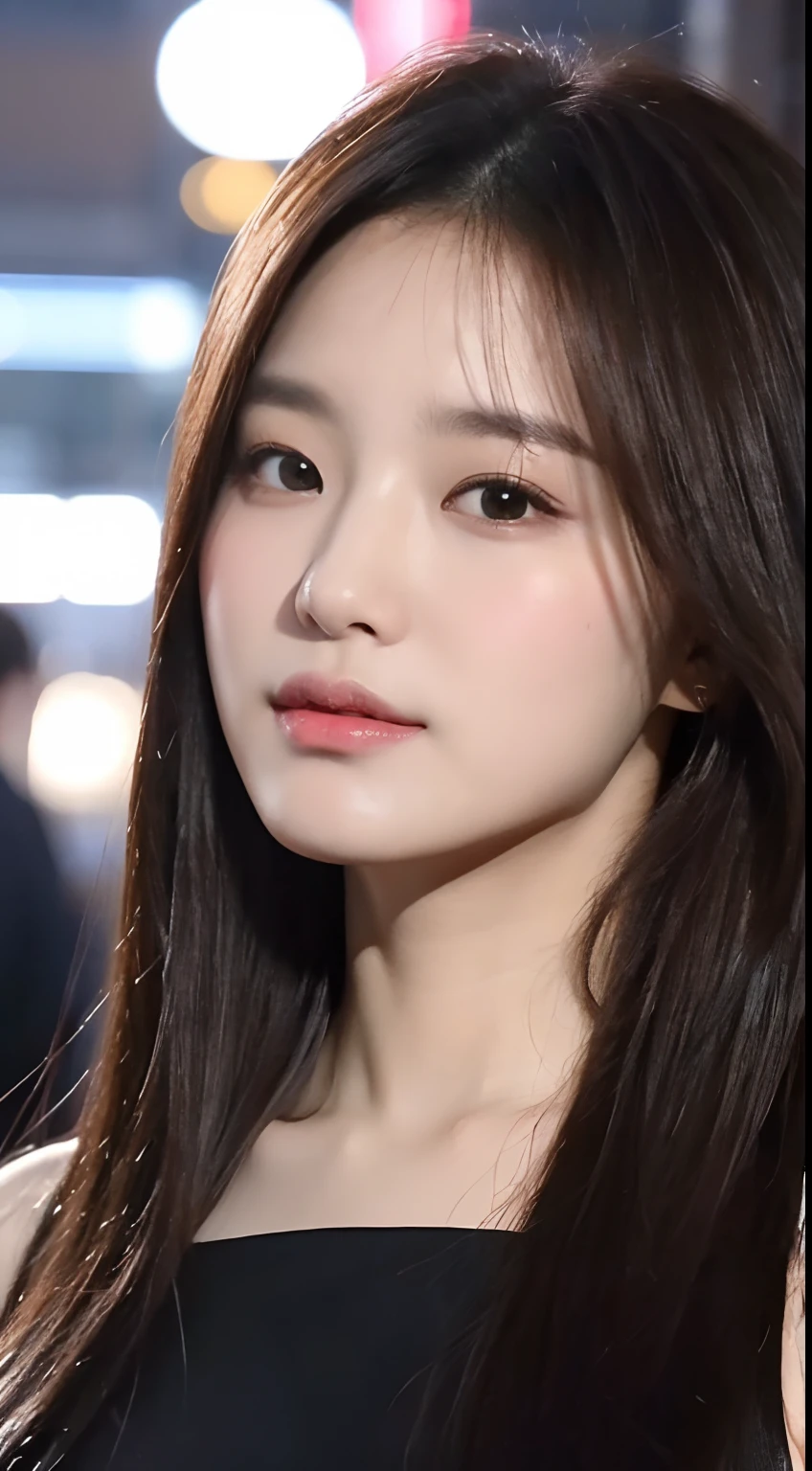 (1 Korean star with royal sister style), ((best quality, 8k, masterpiece: 1.3)), focus: 1.2, perfect body beauty: 1.4 , (funny expression), (night street: 1.3), highly detailed face and skin texture, fine eyes, double eyelids, whitened skin, (air bangs: 1.3), (round face: 1.5), (thin strap top: 1.4),