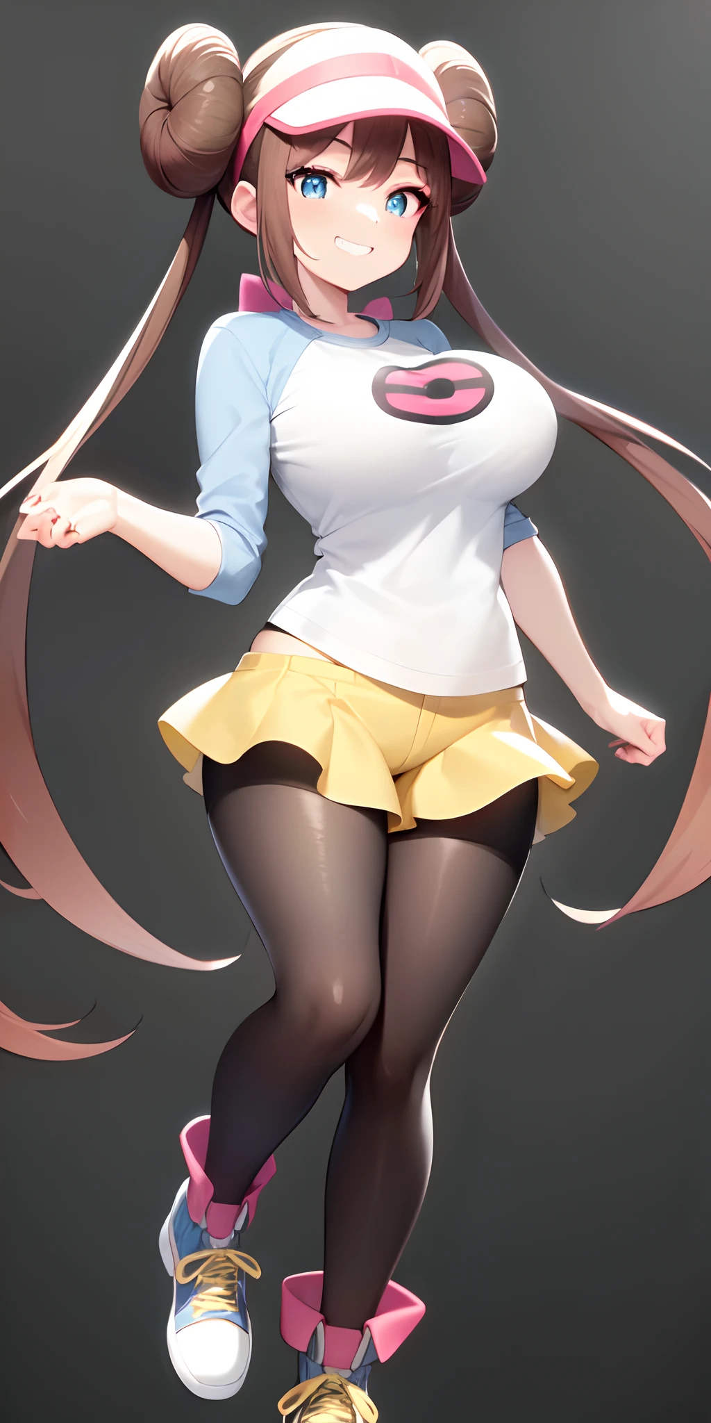 ro1, hair bun, blue eyes, twintails, visor cap, (pantyhose), raglan sleeves, yellow shorts, shirt, pink bow, wristwatch, (foot focus), full body view, (masterpiece, best quality, 8k,4k, high res:1.4), no shoes, 1girl, busty, huge breasts, sock fetish,vivid colors, stocking fetish, perfect legs, seductive grin, punk girl