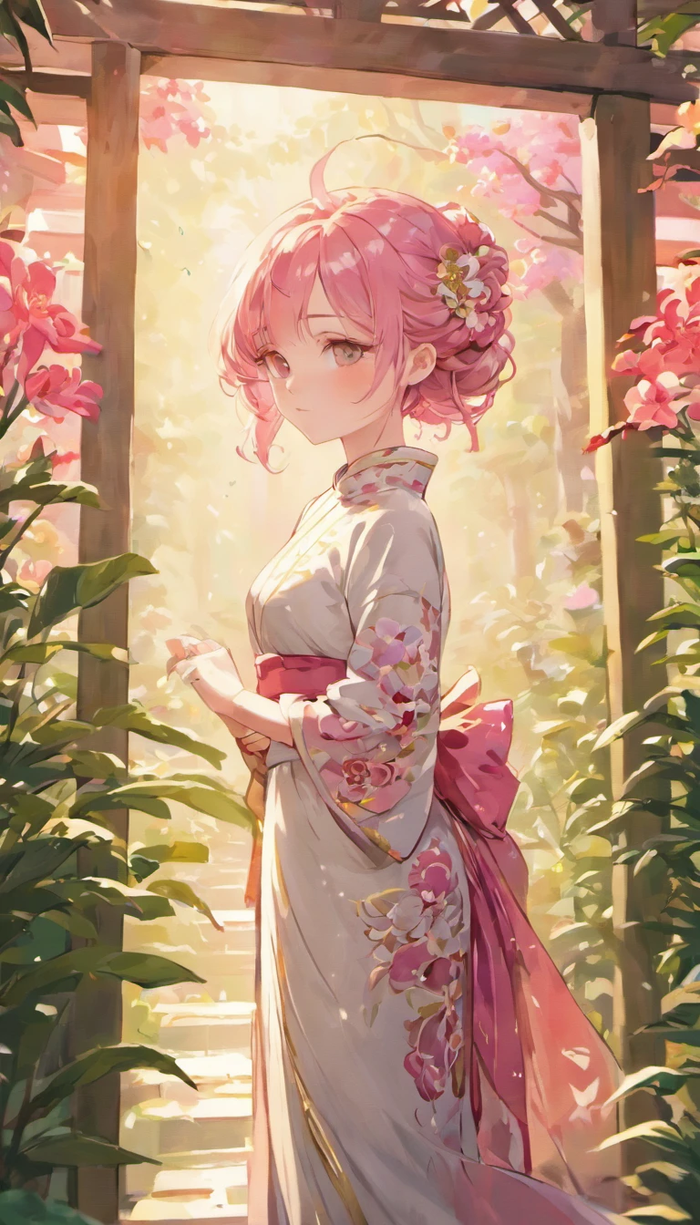 (Best quality,4K,8K,A high resolution,Masterpiece:1.2),Ultra-detailed,(Realistic,Photorealistic,photo-realistic:1.37),A woman wearing a white cheongsam with pink hair,Beautiful detailed eyes,beautiful detailed lips,Extremely detailed face, Long eyelashes,Pupil highlight,Multi-layered pupils Additional details: She crouched in front of a white screen decorated with pink flowers,flowers blooming。A gentle breeze brushed through her hair. Her cheongsam is decorated with intricate floral embroidery, Add elegance to her appearance. The sunlight casts a warm glow on her delicate features, Enhance her natural beauty. The fragrance of fresh flowers fills the garden, creating a serene and enchanting ambiance. When she poses gracefully, Her confident posture exudes maturity and sophistication. The scene is surrounded by picturesque landscapes, The background is rolling hills and clear blue sky. Image quality: (Best quality,4K,8K,A high resolution,Masterpiece:1.2),Ultra-detailed,(Realistic,Photorealistic,photo-realistic:1.37),hdr,hyper HD,Studio lighting,Ultra-fine painting,Sharp focus,Physically-based rendering,Extreme detail description,professional,Vivid colors,Bokeh Art style: sportrait,landscape palette: soft pastel tones,Focus on pink tones, Complemented by the bright colors of the flowers in the garden. lighting: Soft natural lighting illuminates the scene, Cast soft shadows,Particle light effects,creating a tranquil atmosphere.