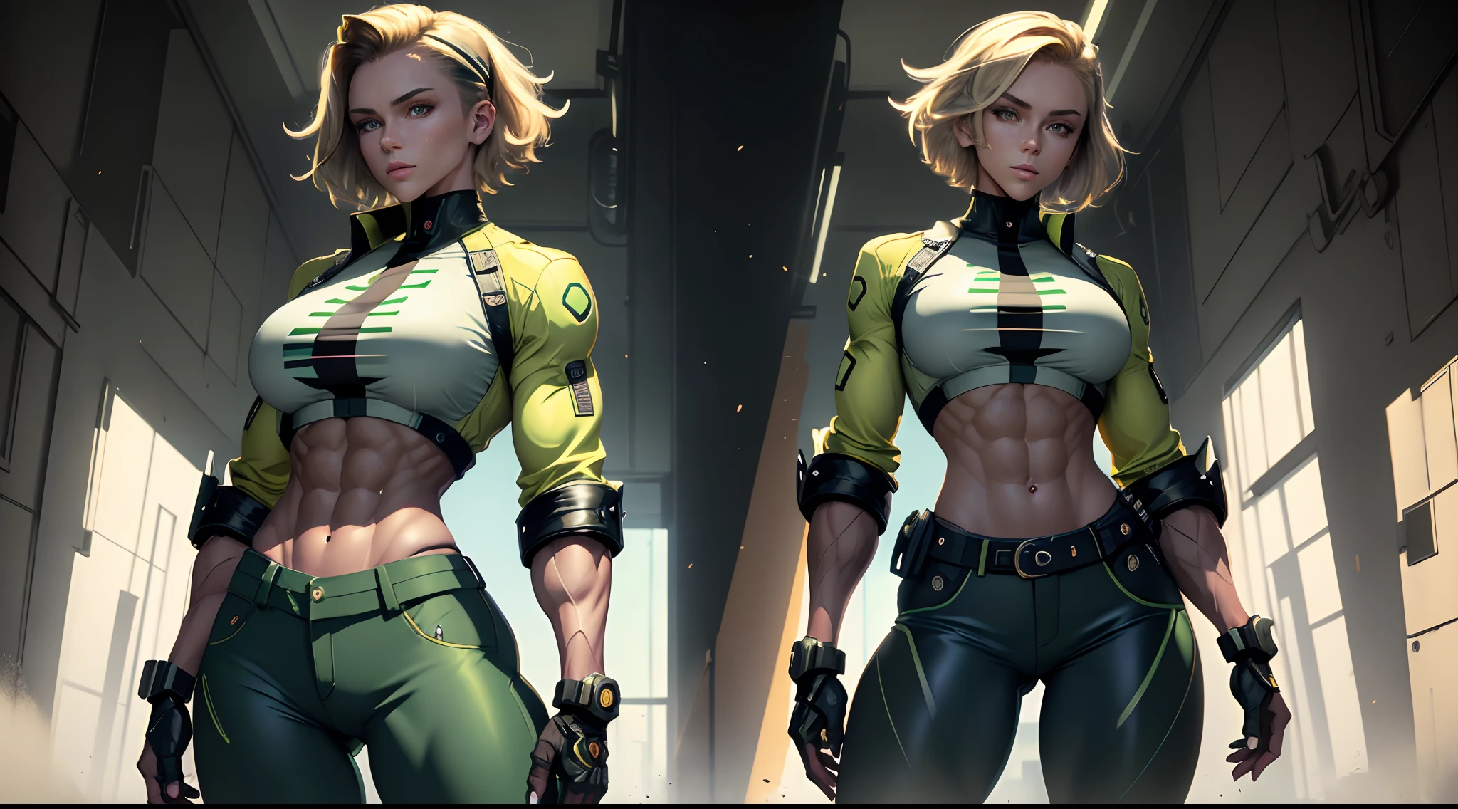 ((masterpiece, best quality)), (1girl), (solo), (female focus), (blond hair, short hair), green eyes, (stretched shirt), (tight pants), standing, white background, dynamic angle, (muscular), ((thighs)), abs, (muscular shoulders), full body, (wide hips), large breasts, best lighting, best shadows, riding motorcycle, wallpaper, cyberpunk city