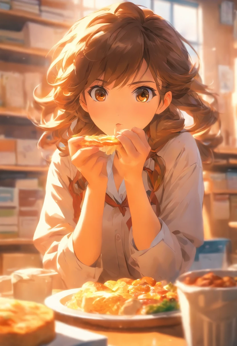 foreshortening, Depth of field, Masterpiece, Best quality, 1girll, Brown hair, Brown eyes, Dappled sunlight, office,eating breakfast