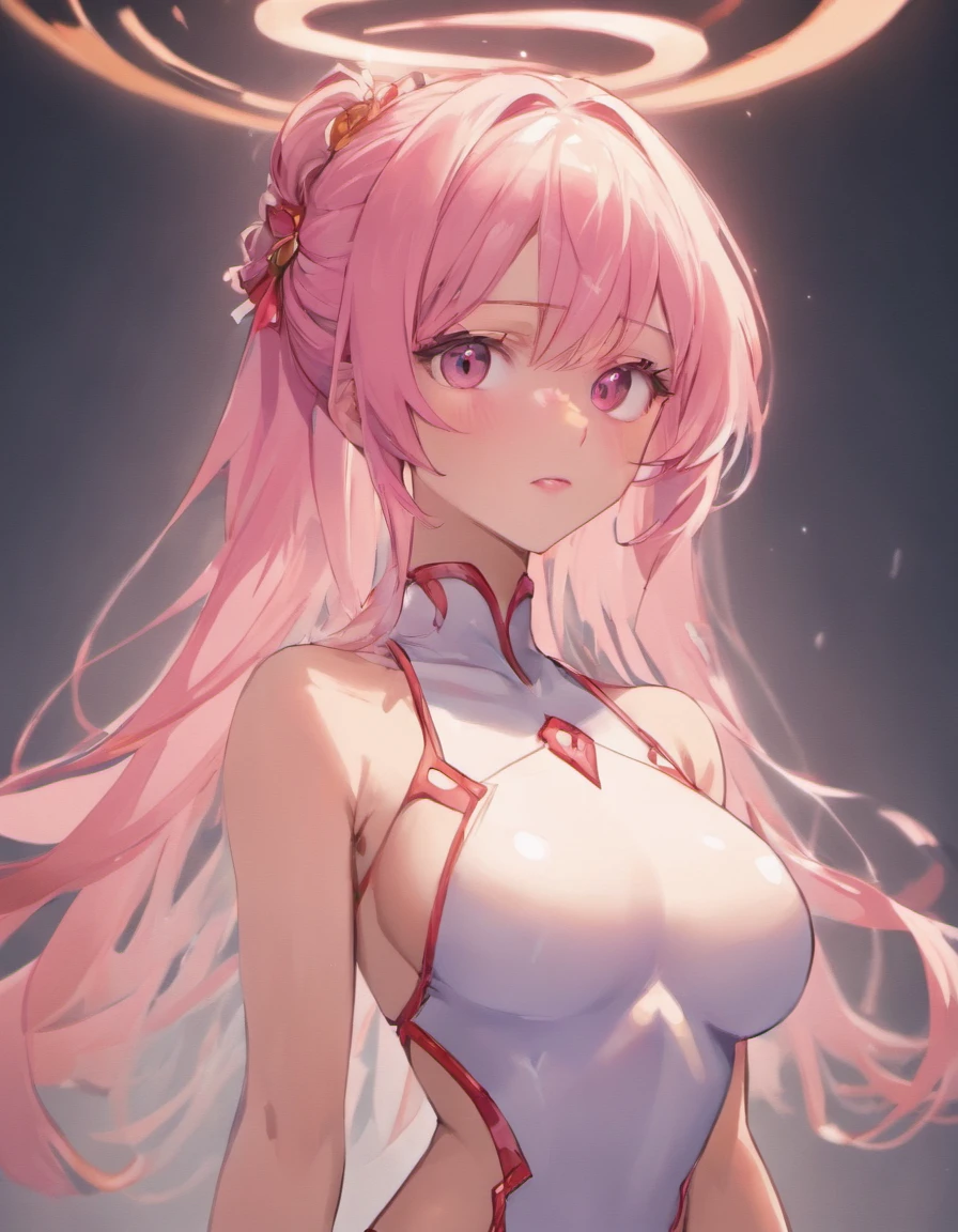 ((Masterpiece, Highest quality)), Detailed face, character design sheet， full bodyesbian, Full of details, frontal body view, back body view, Highly detailed, Depth, Many parts, short girl with long pink hair pretty girl, muscle body, white outfit female gods, woman short