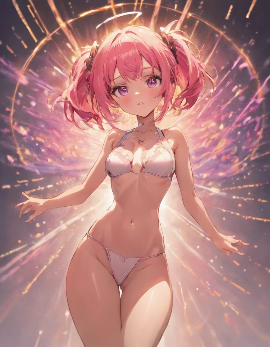 ((Masterpiece, Highest quality)), Detailed face, character design sheet, full bodyesbian, Full of details, frontal body view, back body view, Highly detailed, Depth, Many parts, short girl with long pink hair pretty girl, muscle body, white outfit female gods, woman short