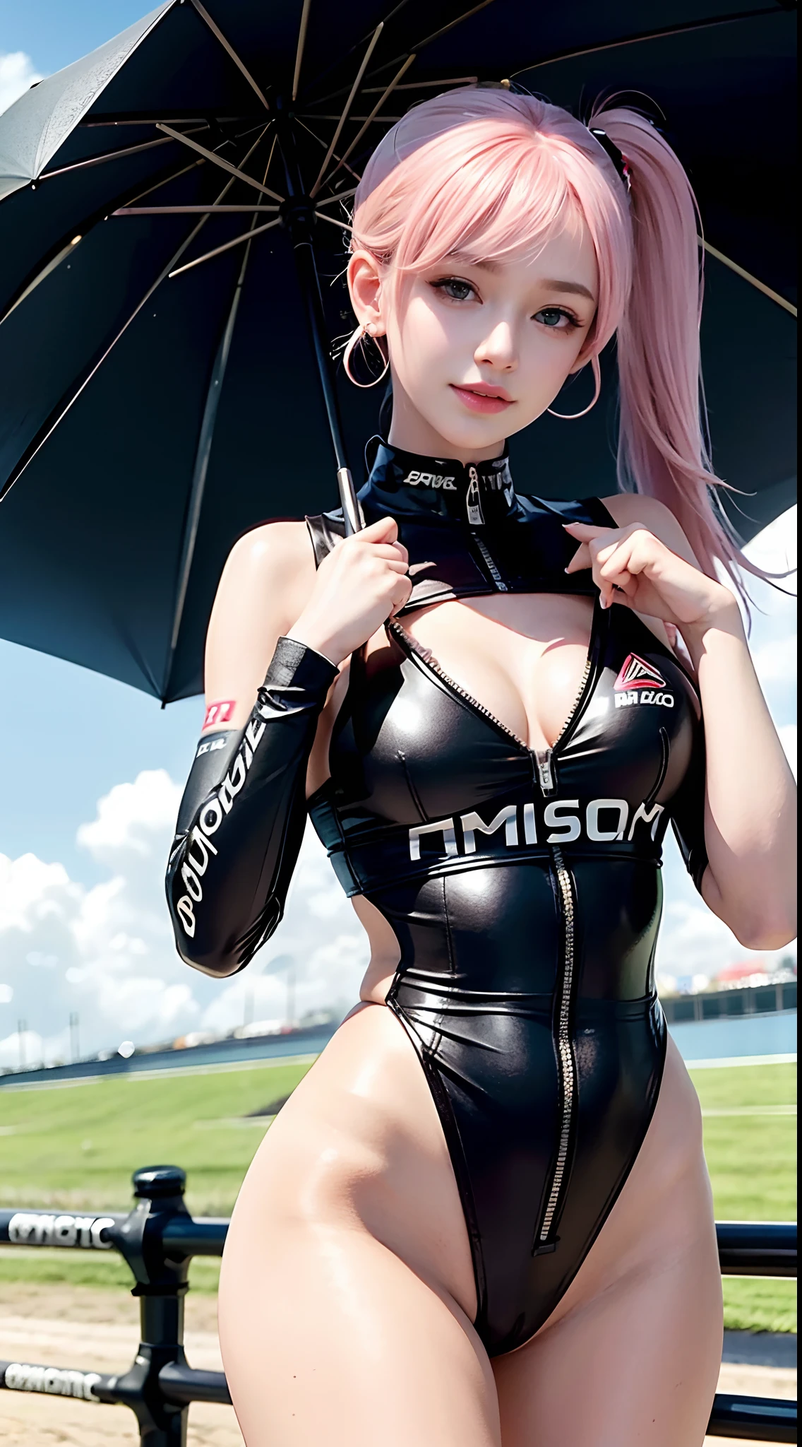 (Masterpiece), 1girl(umbrella girl from MotoGP), Best quality, Highest quality, Detailed, Extremely detailed_Eyes, Sexy,Breasts,
(eyes liner:0.5),(Blush:0.5), pink hair, Simple Diamond Earrings,Detailed skin,  pony tails, 
view the viewer, Light smile, beautiful hands, perfect fingers, masterpiece, best quality, detailed skin texture, detailed cloth texture, intricate details, ultra detailed, ((umbrella girl)), ((MotoGp event)) , (circuit background), leaning forward, Standing pose with hands above the head. (Best quality, A high resolution, Photorealistic, primitive, 8K,Masterpiece, ),Best quality, Masterpiec8K. Wallpaper hdr. High ribs:1.2, filmgrain, Blur bokeh:1.2, Lens flare, (vivd colour:1.2), (Delicate),