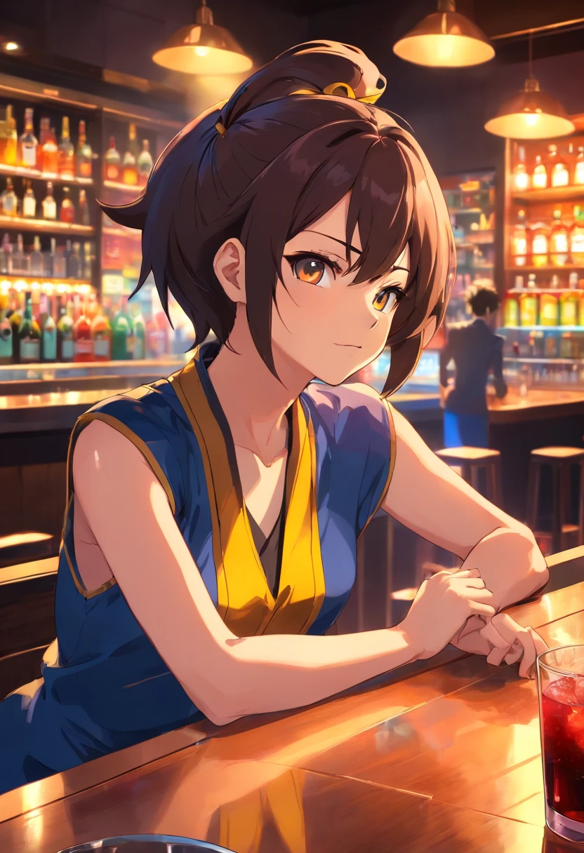 Vegeta, Dragon Ball Z, Anime, Masculino, roupas casuais, segurando uma bebida em um bar, cool expression, foco nítido, Physically-based rendering, vivid colors, dynamic  lighting, bar counter, atmosfera escura, Drink at the counter, barman ao fundo, subtle smoke from drinks, neon lights, traje casual, perspectiva detalhada do interior do bar, Colorful cocktails, luzes brilhantes, design de interiores elegante, Dawn setting, Energetic and vibrant atmosphere, estilo de arte anime, cabelo perfeitamente estilizado, Roupa meticulosamente desenhada, attention to clothing details, Attention-grabbing pose, postura poderosa, sombreamento requintado, dragon symbol on clothing, Eye-catching color scheme