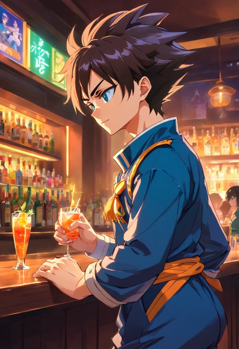 Vegeta, Dragon Ball Z, Anime, Masculino, roupas casuais, segurando uma bebida em um bar, cool expression, foco nítido, Physically-based rendering, vivid colors, dynamic  lighting, bar counter, atmosfera escura, Drink at the counter, barman ao fundo, subtle smoke from drinks, neon lights, traje casual, perspectiva detalhada do interior do bar, Colorful cocktails, luzes brilhantes, design de interiores elegante, Dawn setting, Energetic and vibrant atmosphere, estilo de arte anime, cabelo perfeitamente estilizado, Roupa meticulosamente desenhada, attention to clothing details, Attention-grabbing pose, postura poderosa, sombreamento requintado, dragon symbol on clothing, Eye-catching color scheme