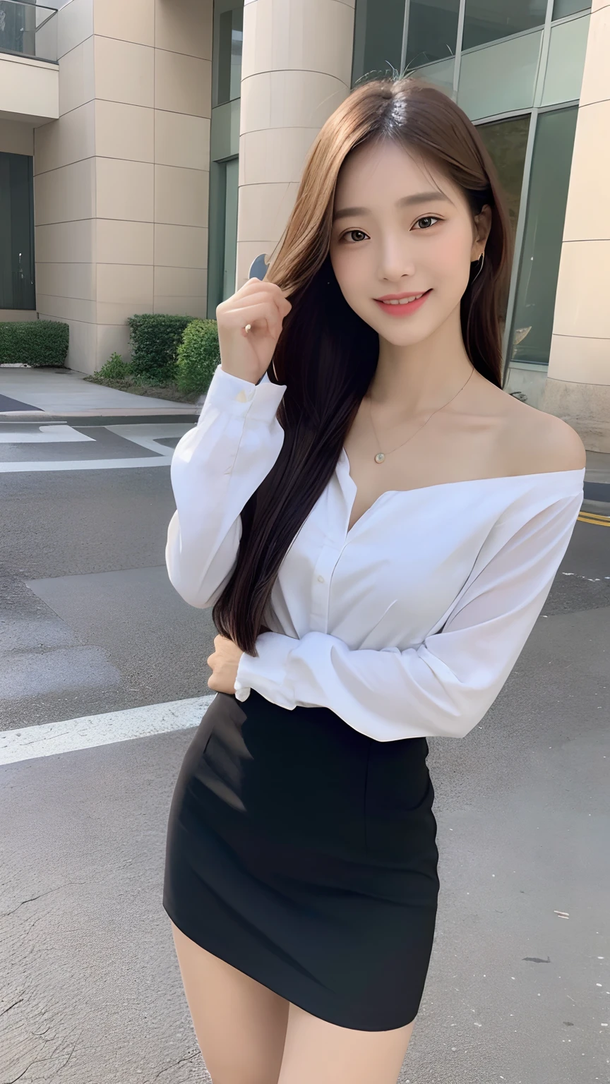 cowboy shot,(Best Quality, Masterpiece:1.4),Solo, PhotoRealistic,( Big Eyes,beautiful detailed eyes, symmetric eyes,), Long hair,Curly Hair,Earrings,Office Lady,Off Shoulder Blouse,,High Waist Black Skirt,Slender Body,SunShine,Pantyhose,bracelets,office, indoors,