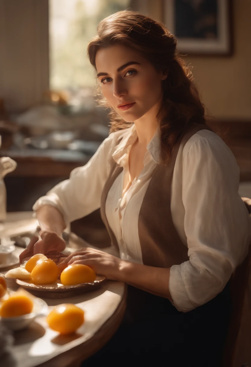 foreshortening, Depth of field, Masterpiece, Best quality, 1girll, Brown hair, Brown eyes, Dappled sunlight, office，Eat a Western breakfast，Fried Egg，Sven scum，elegance