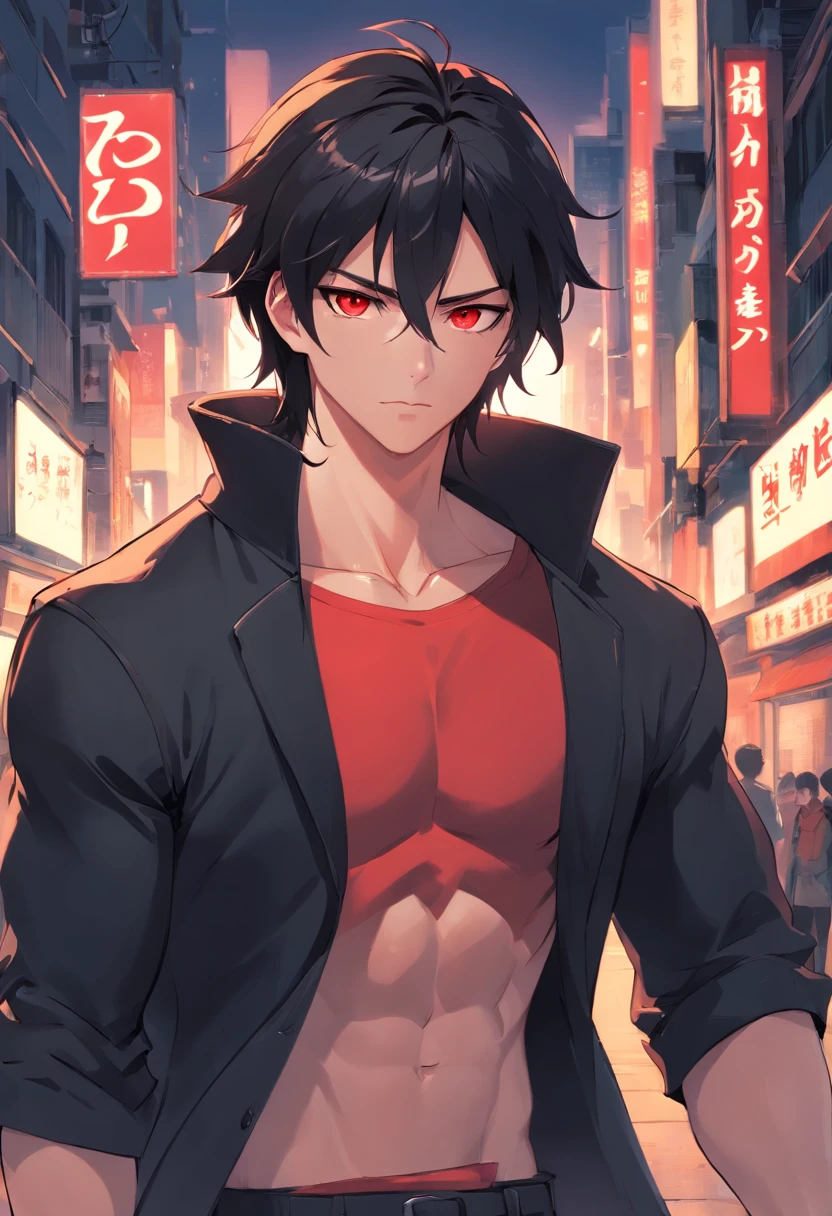 A two-meter muscular 20-year-old guy with pale skin, long black hair and red eyes, dressed in black pants, tight T-shirt in matte black, a white overcoat and similar to Dio Brando.