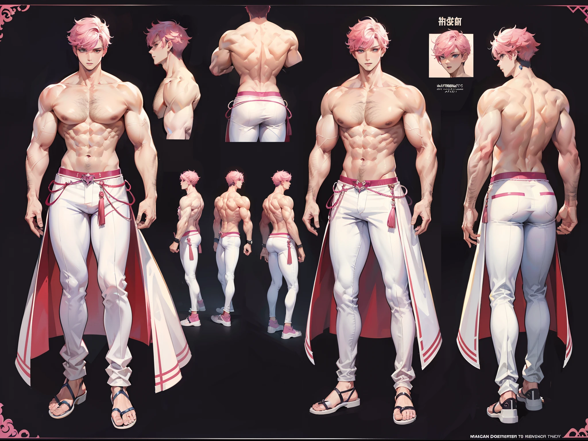 ((Masterpiece, Highest quality)), Detailed face, character design sheet, full bodyesbian, Full of details, frontal body view, back body view, Highly detailed, Depth, Many parts, Muscle boy with pink hair,handsome man, muscle body, white outfit male gods, man tall